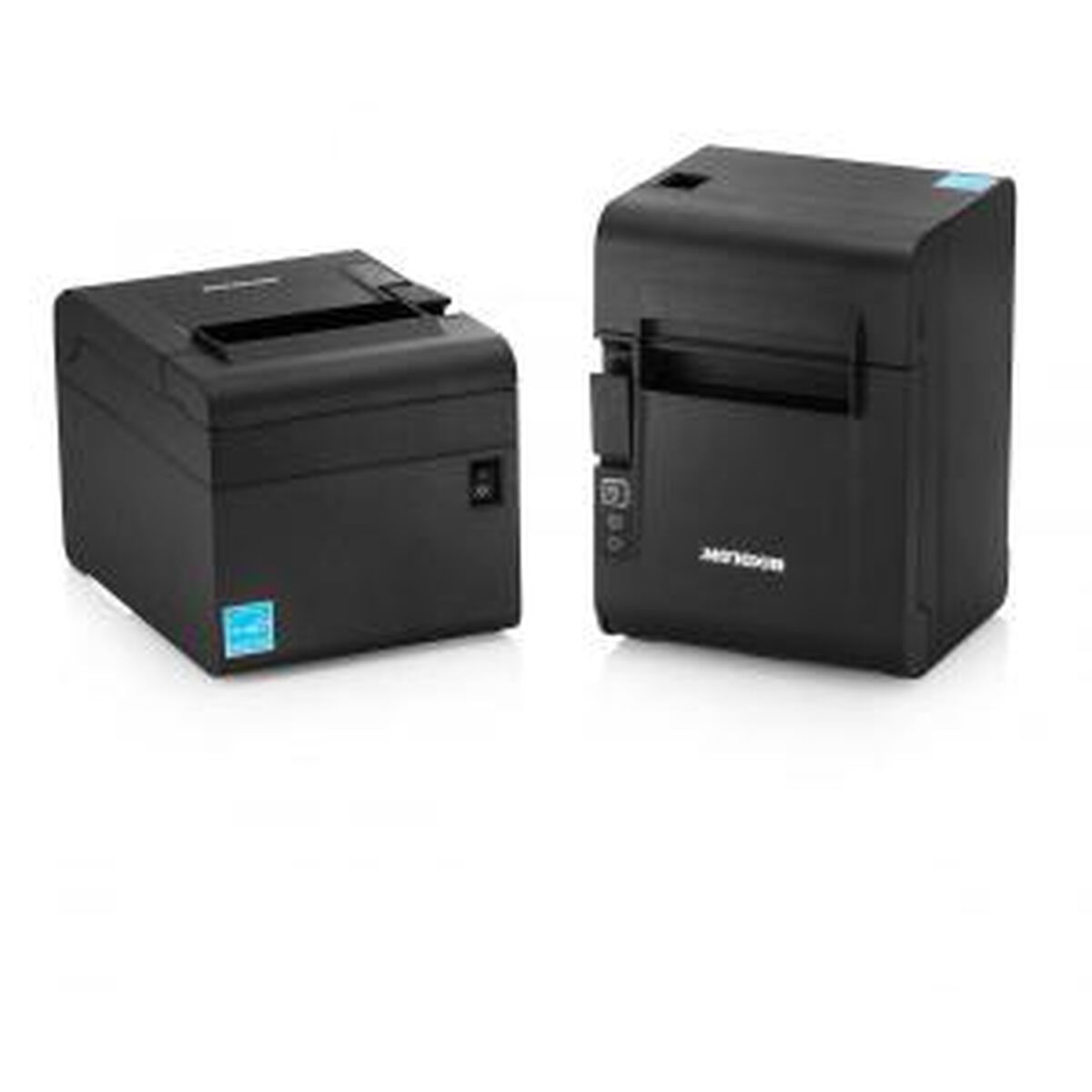 Zwei schwarze POS-Drucker auf weißem Hintergrund, einer mit blauem Aufkleber.