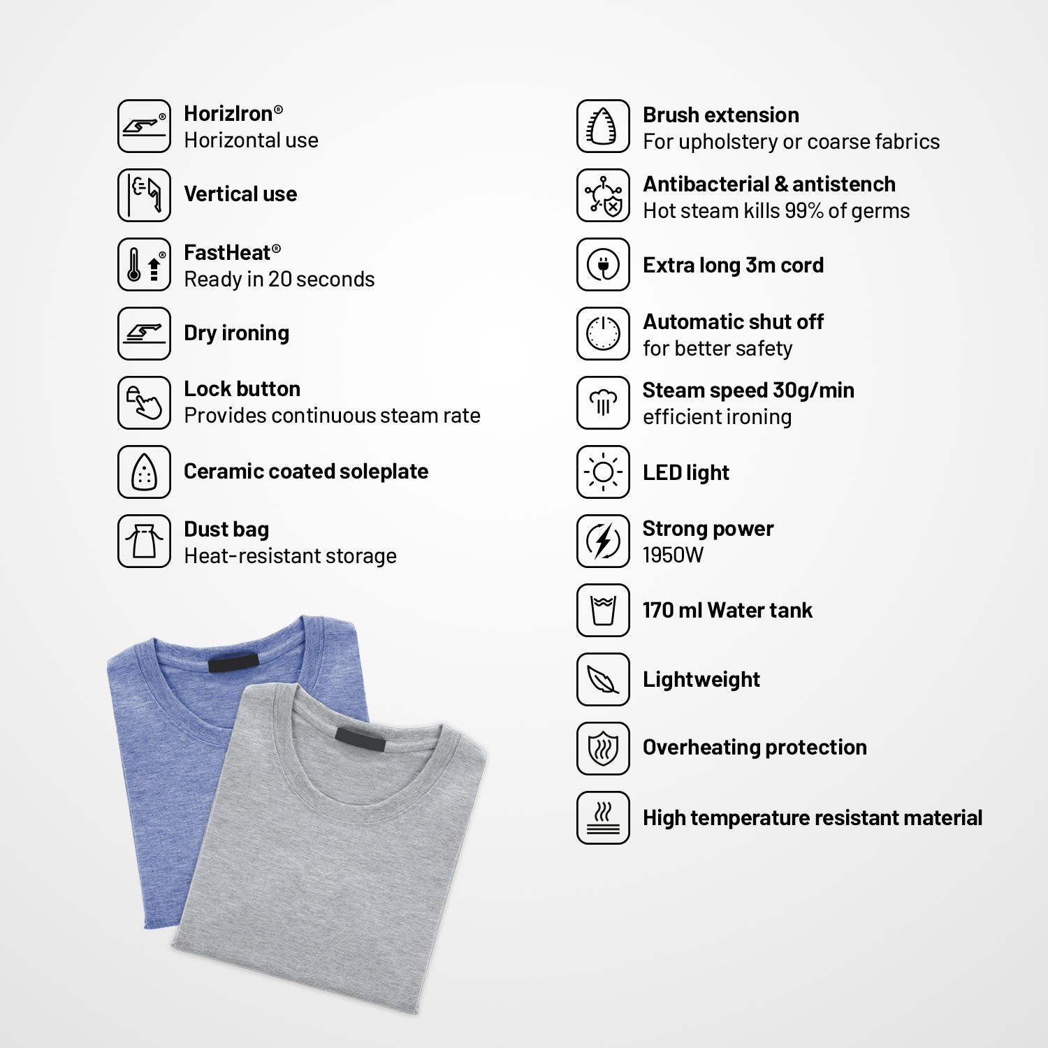 Ein Bild eines Dampfbügeleisens mit Symbolen und zwei T-Shirts, das seine Funktionen und Vorteile zeigt.