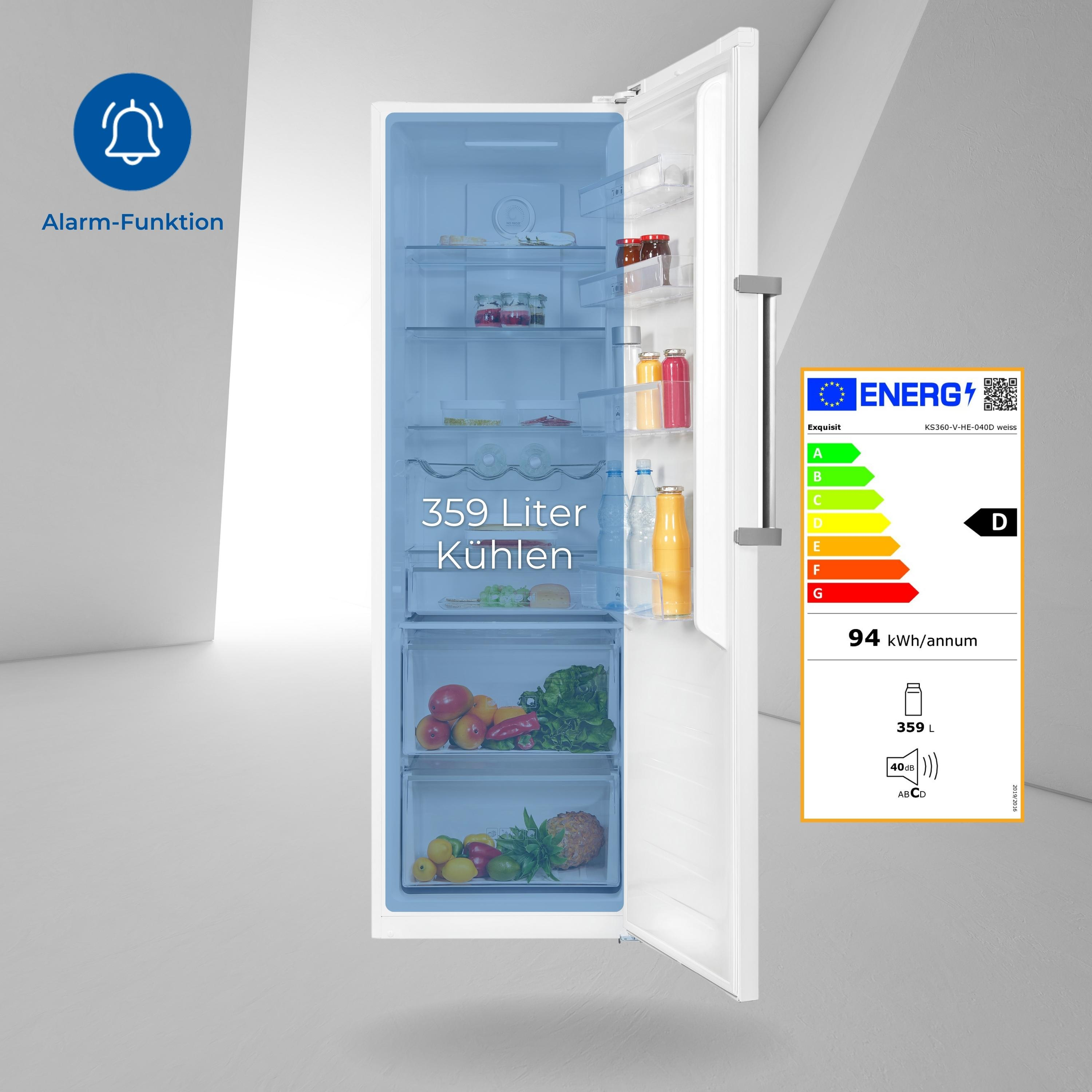 Weißer Kühlschrank mit offener Tür, zeigt das Innere mit Lebensmitteln und Energieetikett.
