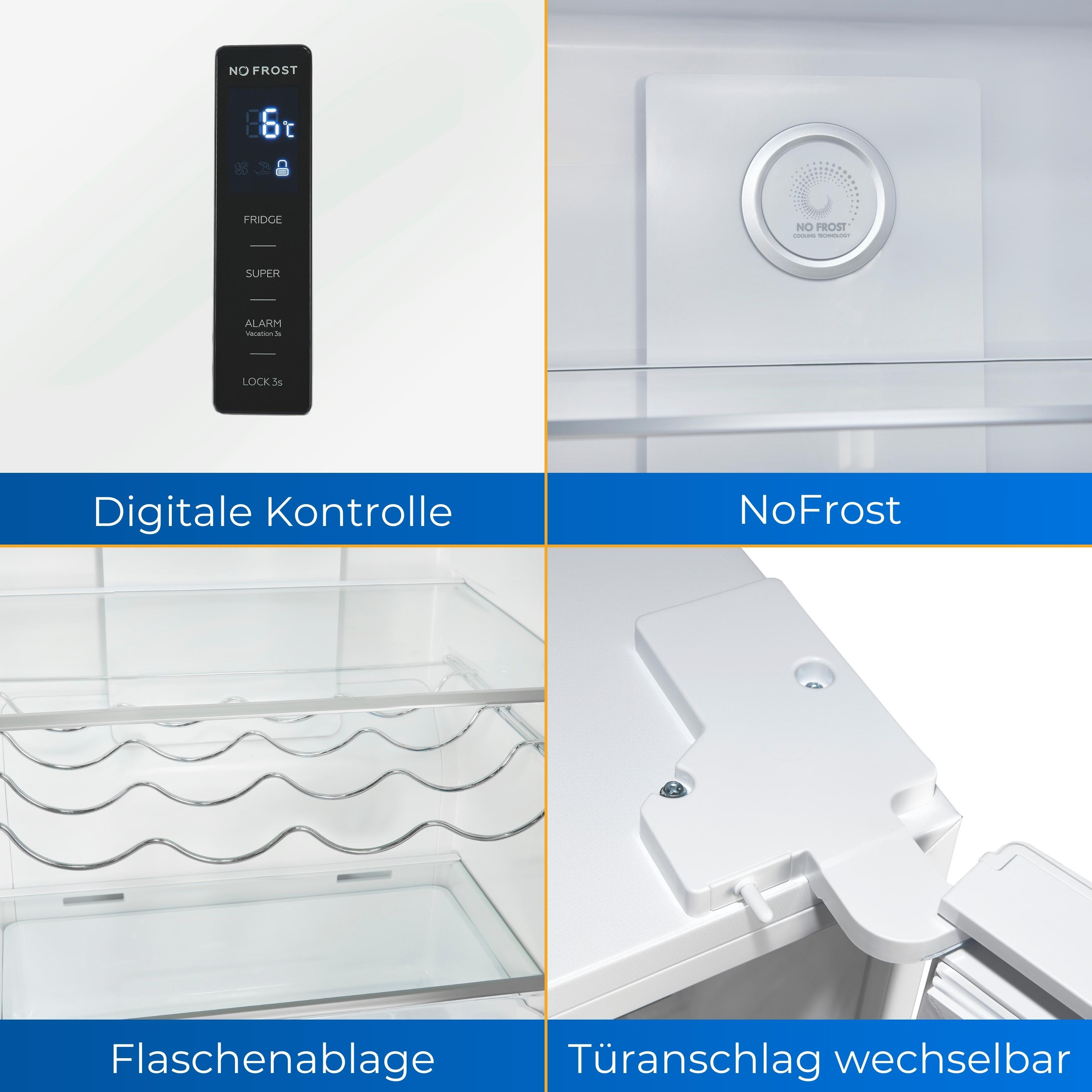 Nahaufnahme von Kühlschrankkomponenten. Digitale Steuerung, NoFrost-System, Flaschenablage und Türscharnier.