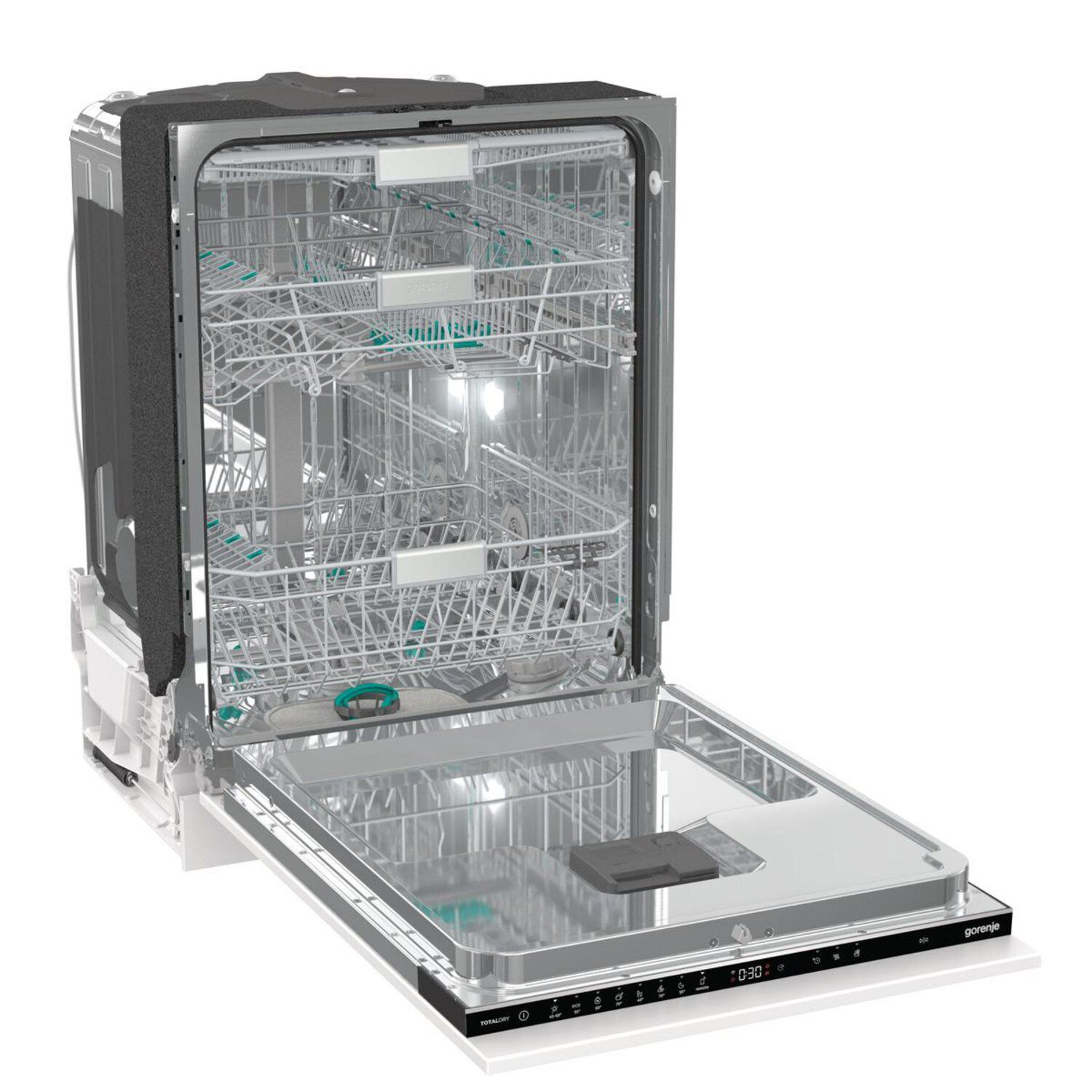 Geschirrspüler-Innenraum offen. Gestelle und Sprüharme sind sichtbar. Marke Gorenje.