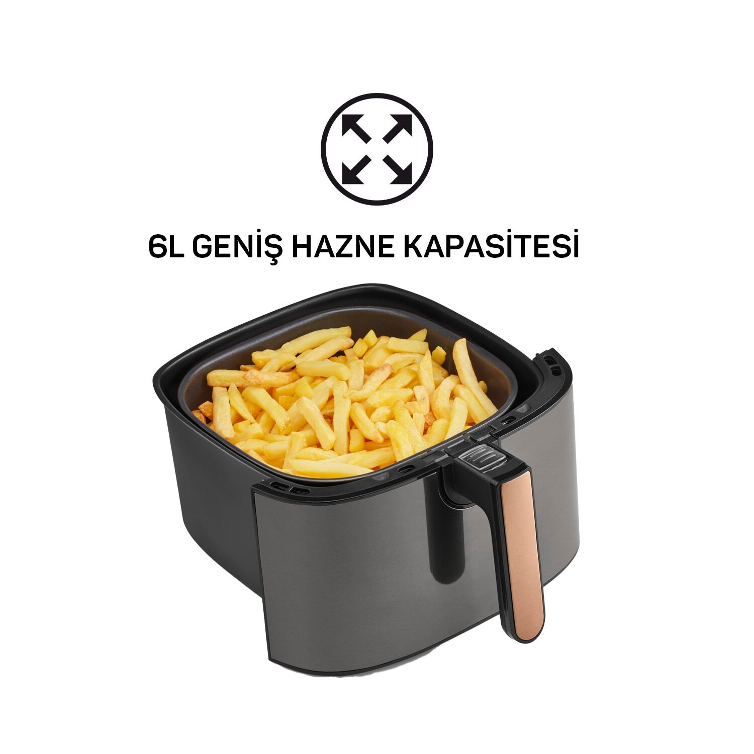 Frytownica powietrzna z frytkami w środku i tekstem 6L GENIS HAZNE KAPASITESI.