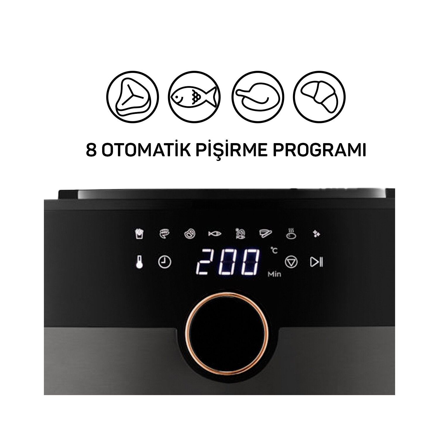 Frytkownica beztłuszczowa z ikonami jedzenia i wyświetlaczem czasu i temperatury.