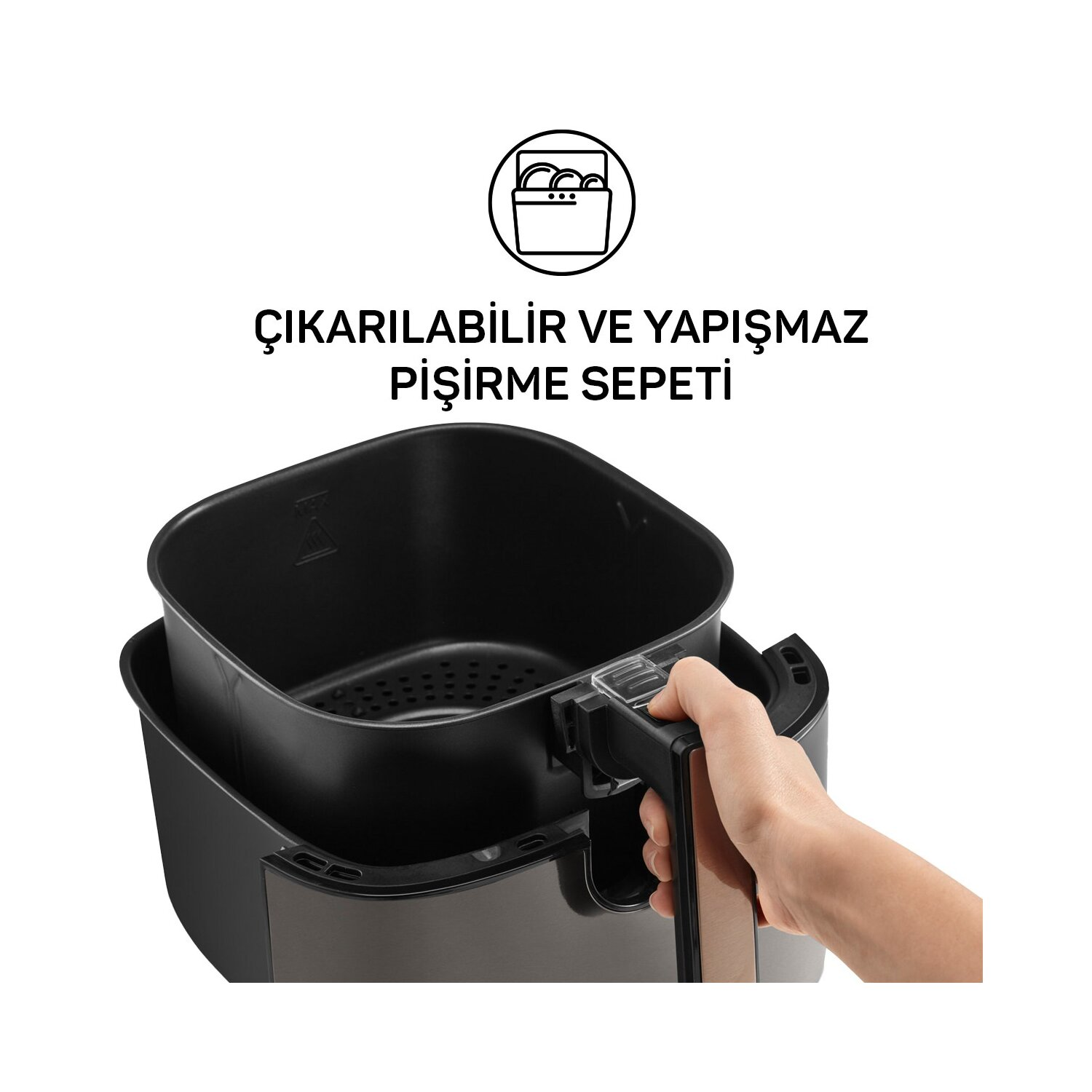 Koszyk frytkownicy beztłuszczowej wyjmowany z głównej jednostki, z tekstem po turecku.