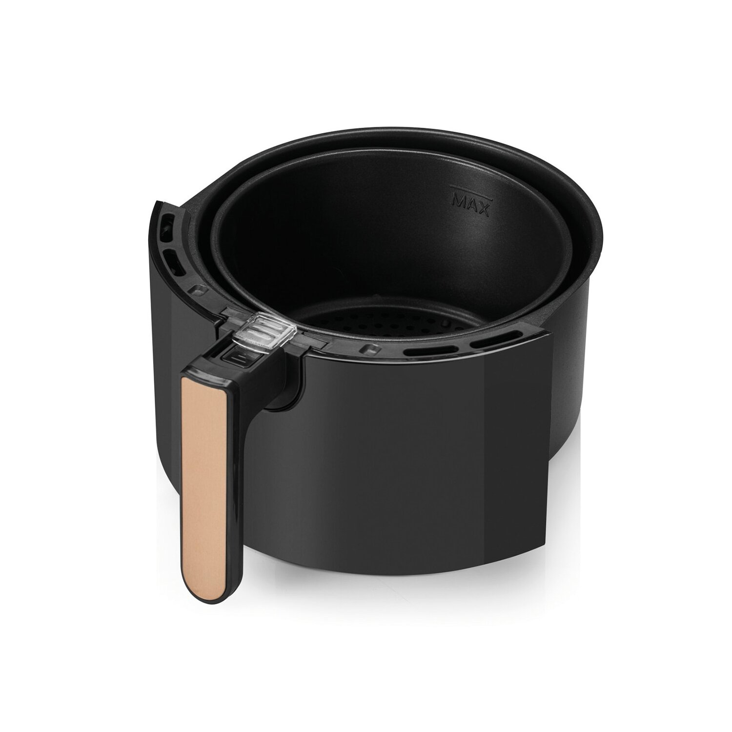 Czarna frytkownica powietrzna ze złotym uchwytem i widocznym koszem do gotowania.