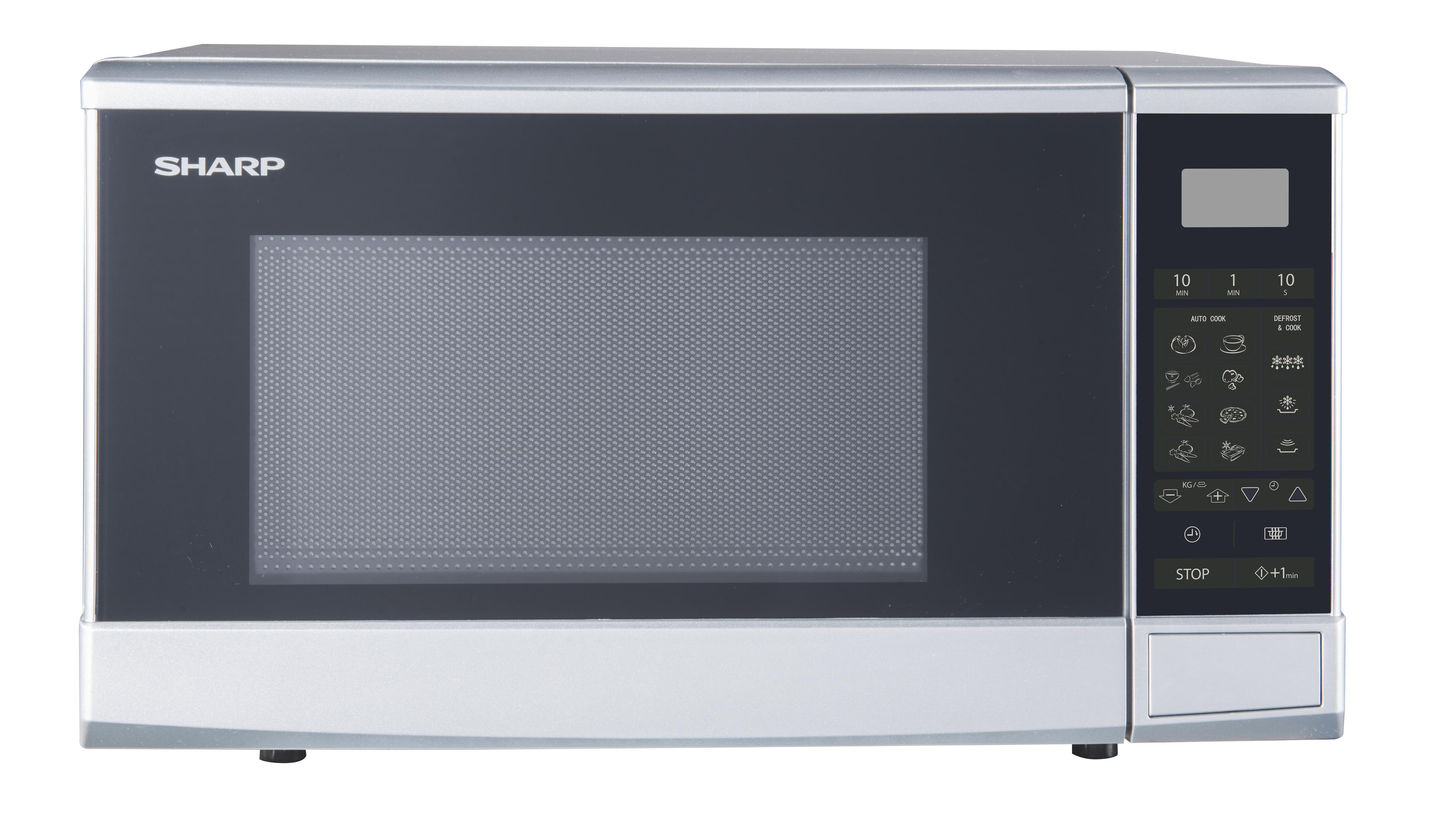 Srebrna kuchenka mikrofalowa Sharp, czarne drzwi, panel sterowania po prawej.