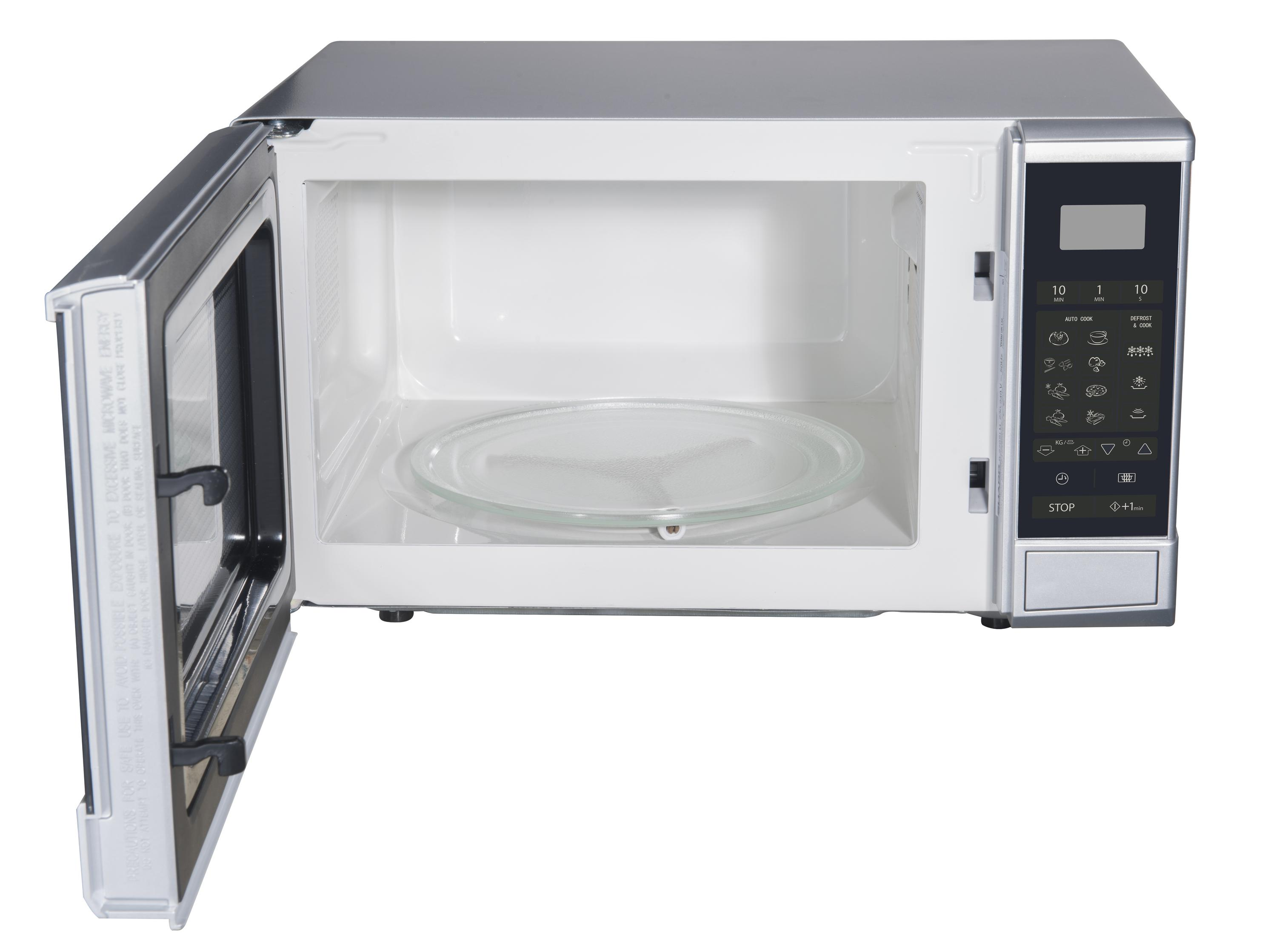 Kuchenka mikrofalowa z otwartymi drzwiami, szklanym talerzem i panelem sterowania.