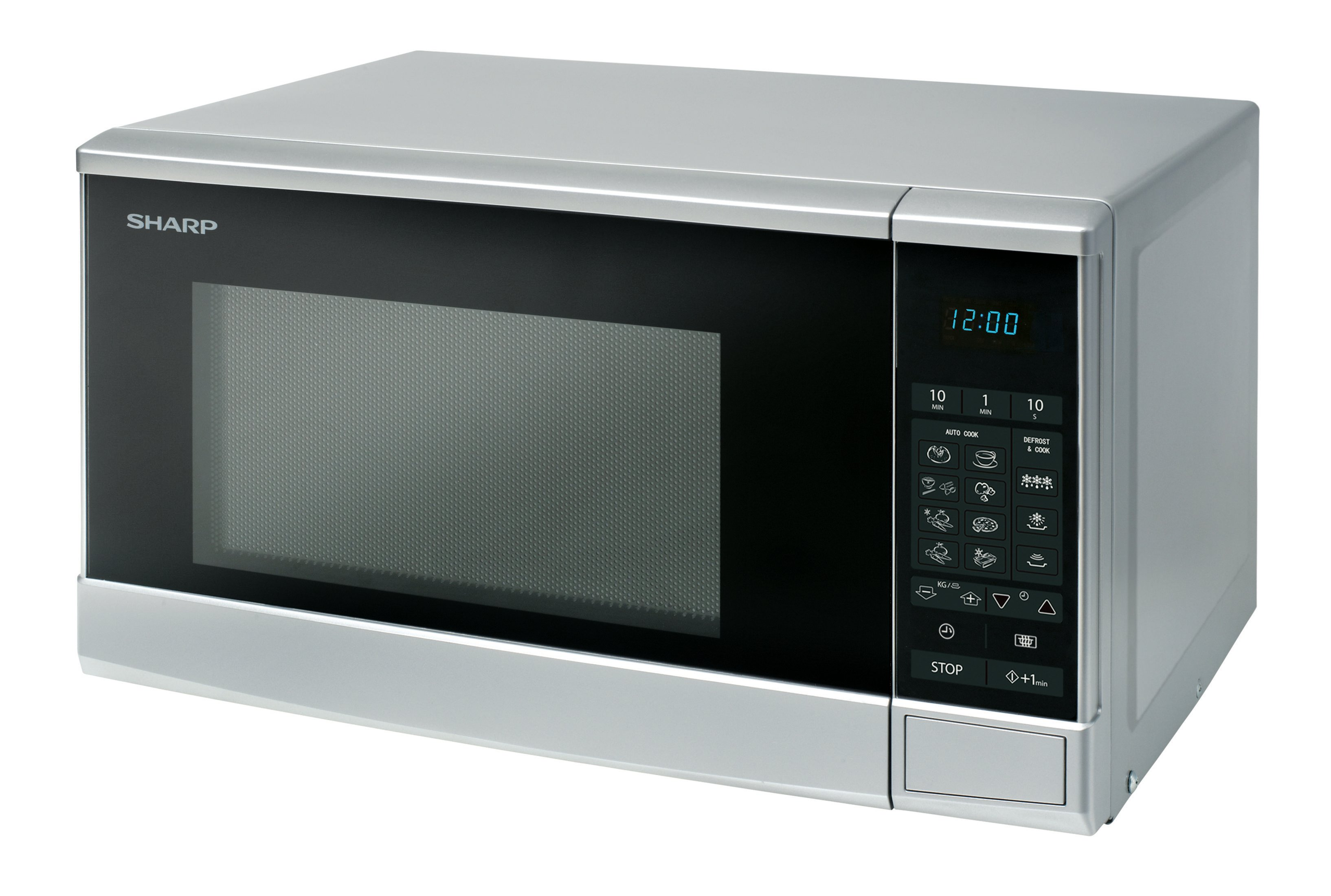 Srebrna kuchenka mikrofalowa SHARP. Czarne drzwi z wyświetlaczem cyfrowym. Panel sterowania z prawej strony.