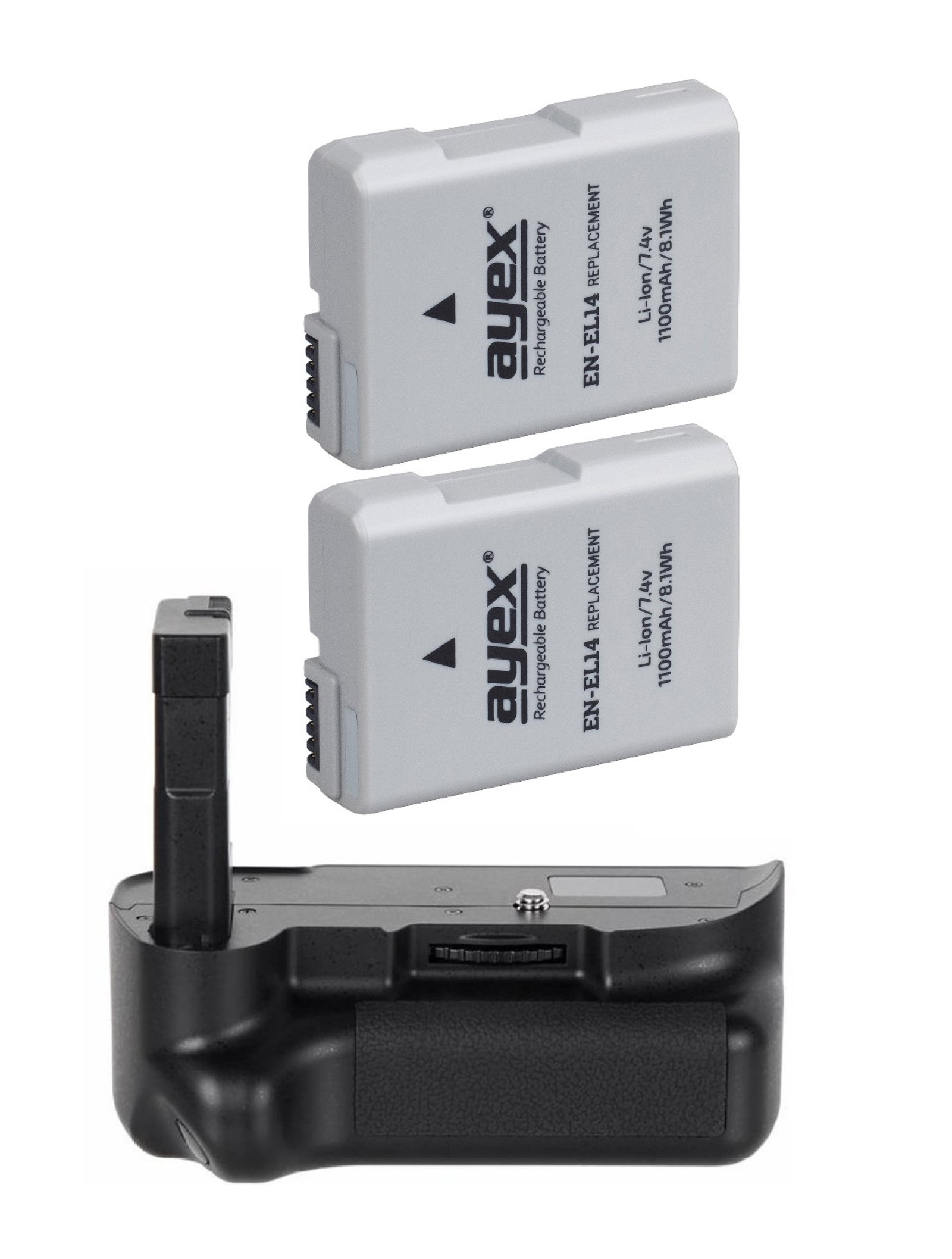 Zwei graue Kamerabatterien und ein schwarzer Batteriegriff für eine Kamera.