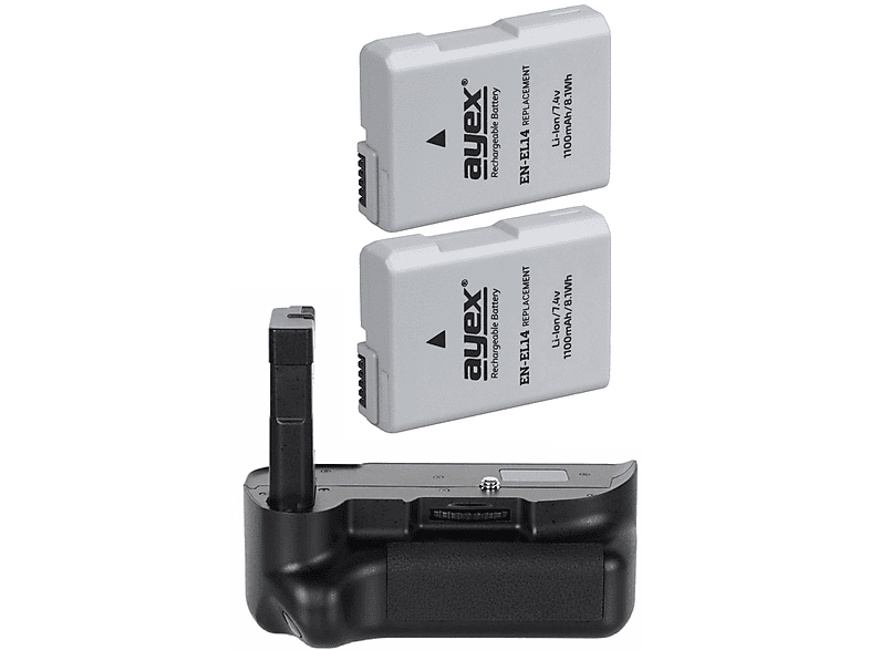 AYEX Batteriegriff Set für Nikon D5200 + 2x EN-EL14 Akku, Kamera Akku, Schwarz