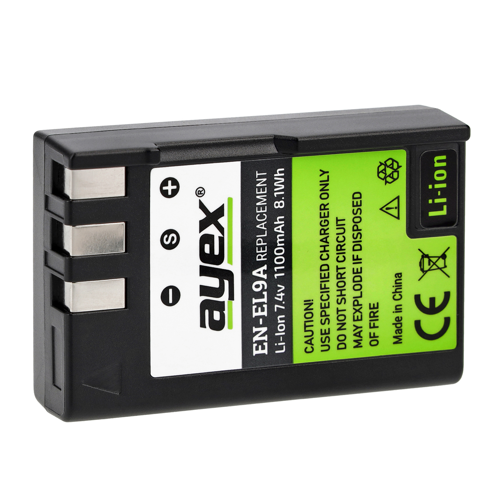 Schwarze rechteckige Batterie mit Text. Sie hat das "ayex"-Logo und Warnungen auf dem Etikett gedruckt.