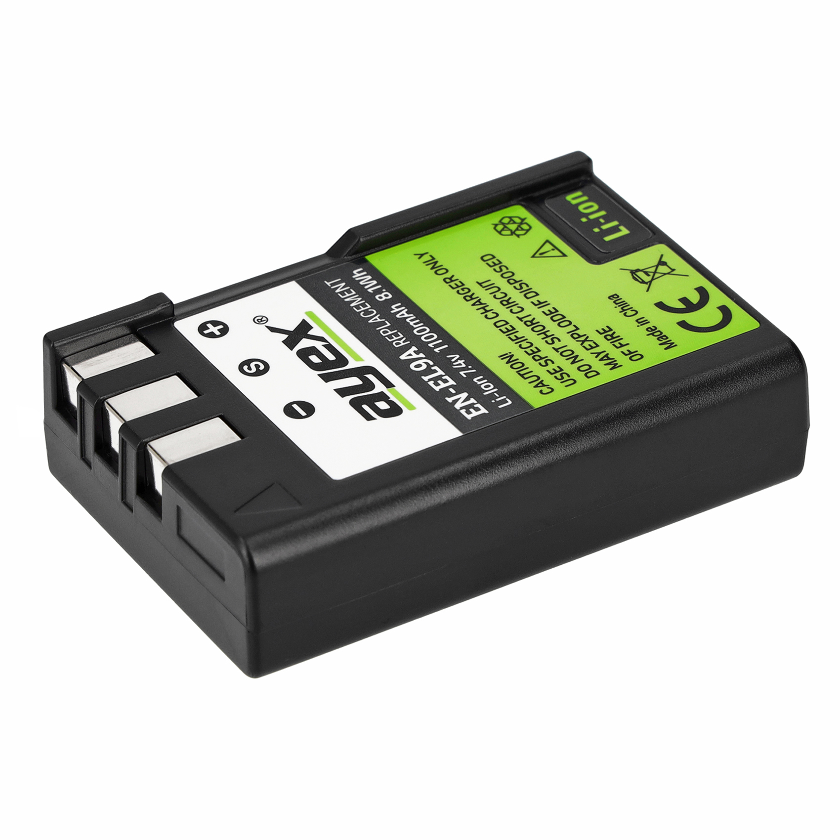 Das Bild zeigt einen schwarzen Ayex EN-EL9A-Akku mit den Spezifikationen 7,4 V und 1100 mAh. Es sind Sicherheitswarnungen aufgedruckt.