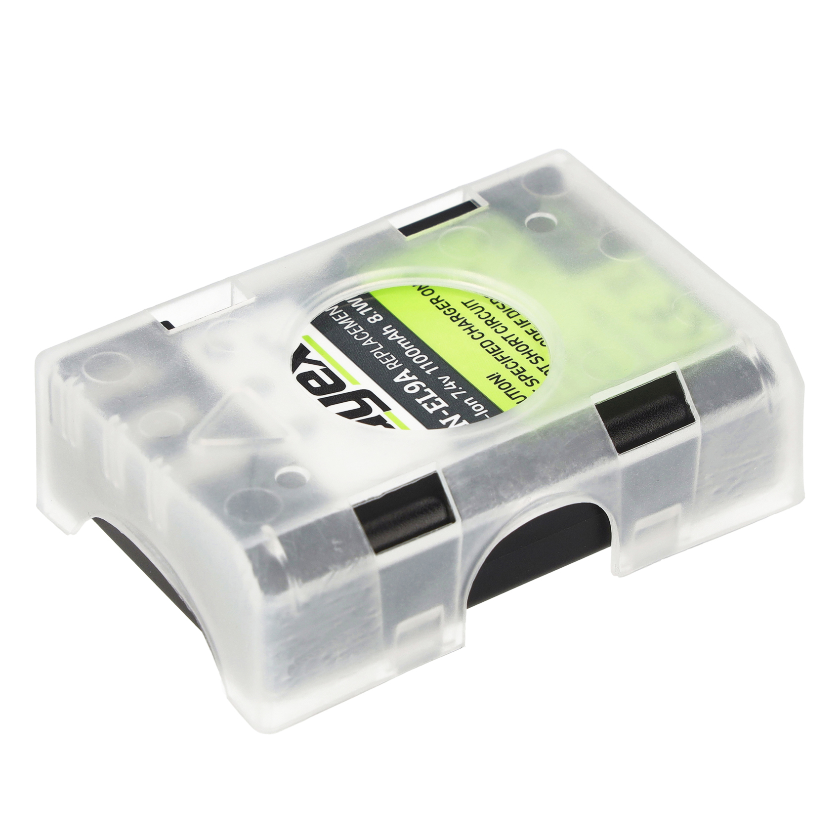 Kleines Kunststoff-Batteriegehäuse. Es hat eine grüne Batterie im Inneren mit schwarzen Markierungen.