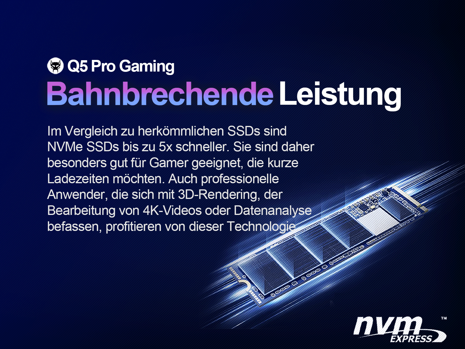 Tekst na niebieskim tle. Mówi Q5 Pro Gaming i Bahnbrechende Leistung. Opisuje dyski SSD NVMe.
