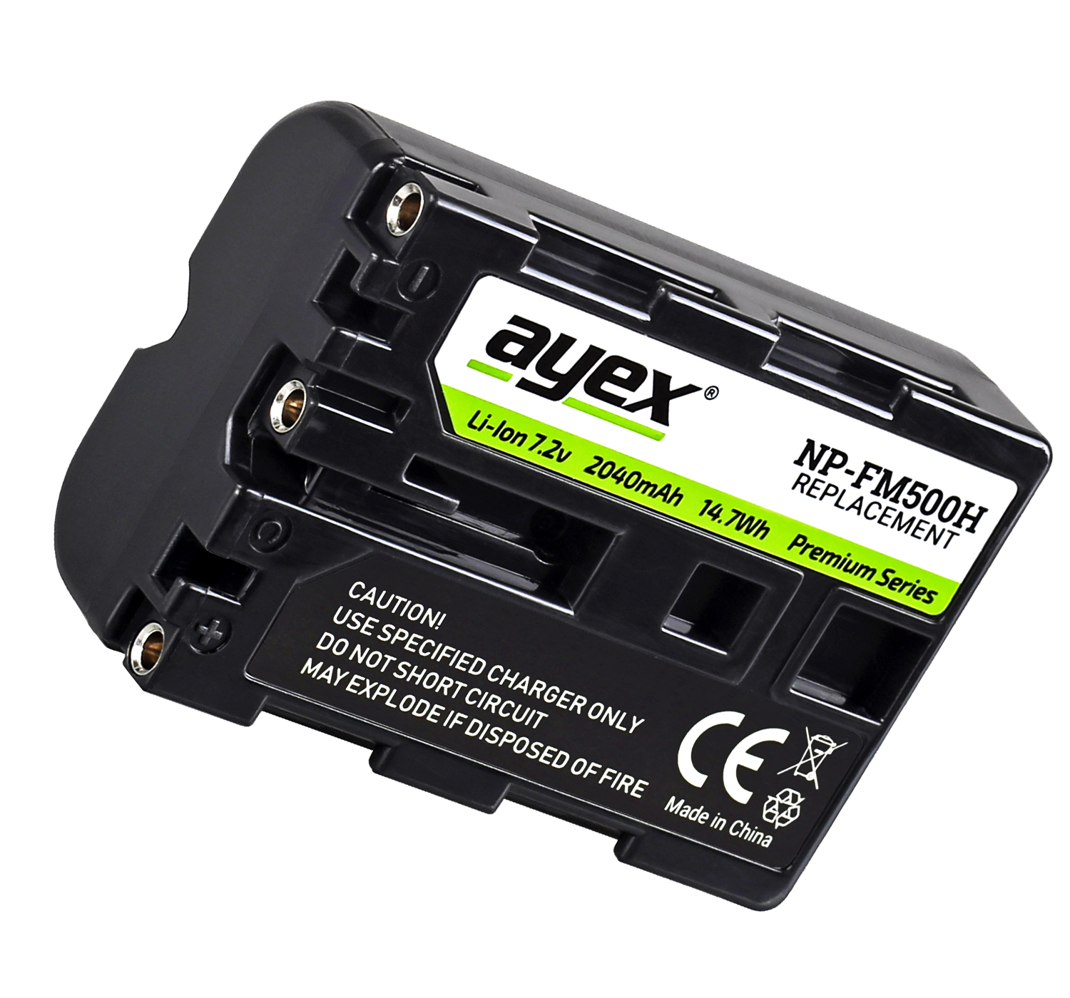 Eine schwarze Batterie mit grünem Etikett. Das Etikett lautet 'ayex' und 'NP-FM500H Replacement'.