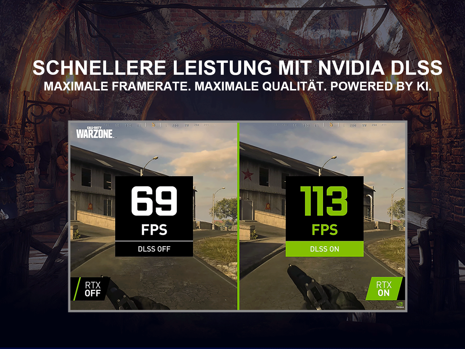 Vergleich von 69 FPS mit DLSS aus und 113 FPS mit DLSS an in einer Spielszene.
