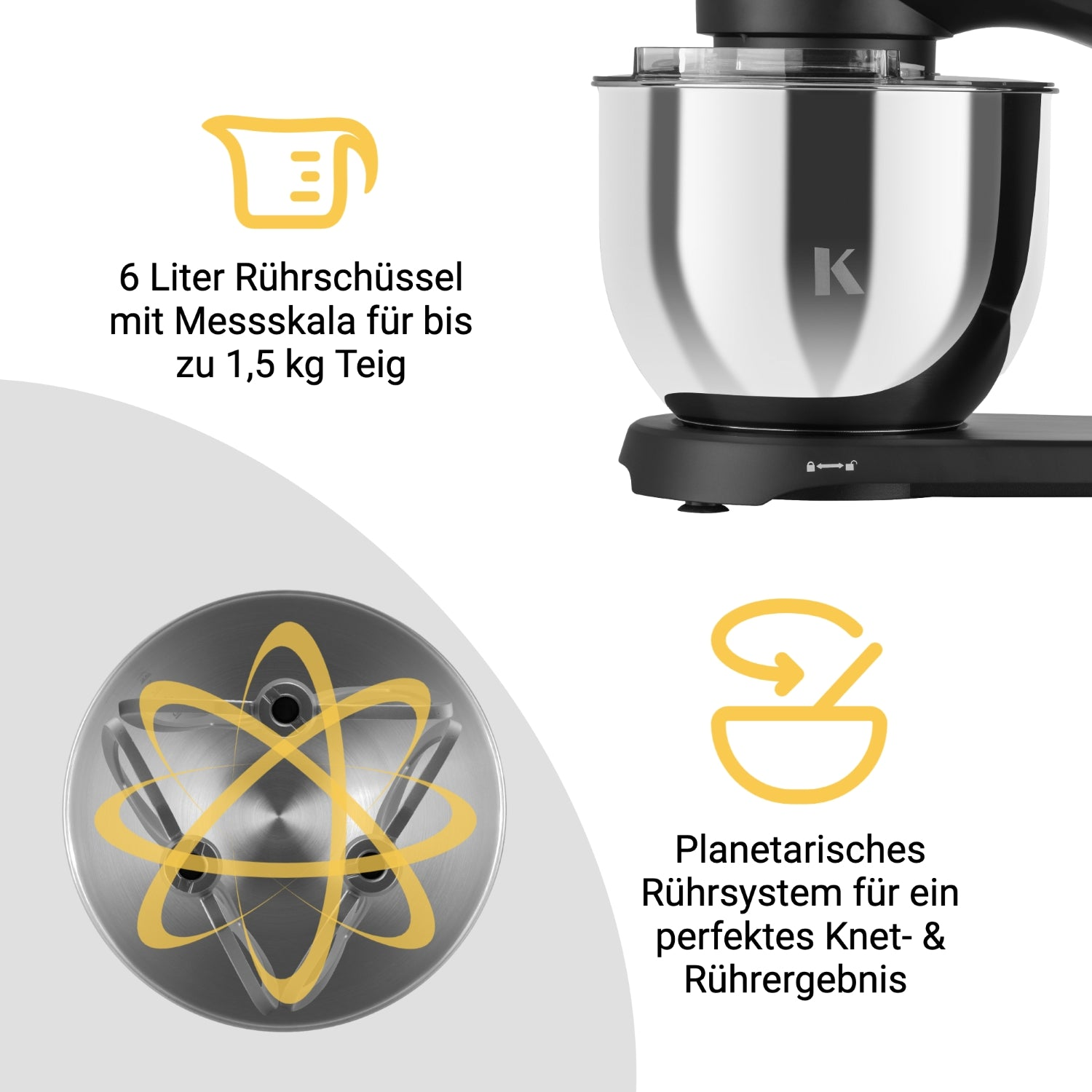 Ein schwarzer Küchenmixer mit Edelstahlschüssel und Nahaufnahme des Rührwerks.