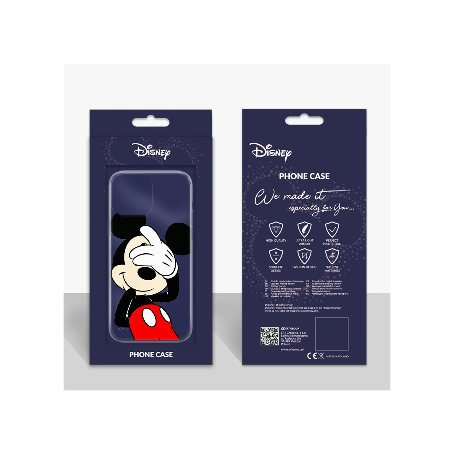 Doppelseitige Handyhüllenverpackung mit Micky Maus, das Design auf einer Seite. Blauer Hintergrund.