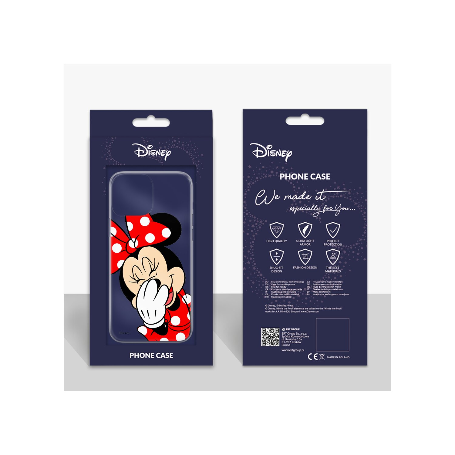 Minnie Mouse Handyhülle-Verpackung mit Bildern und Text.