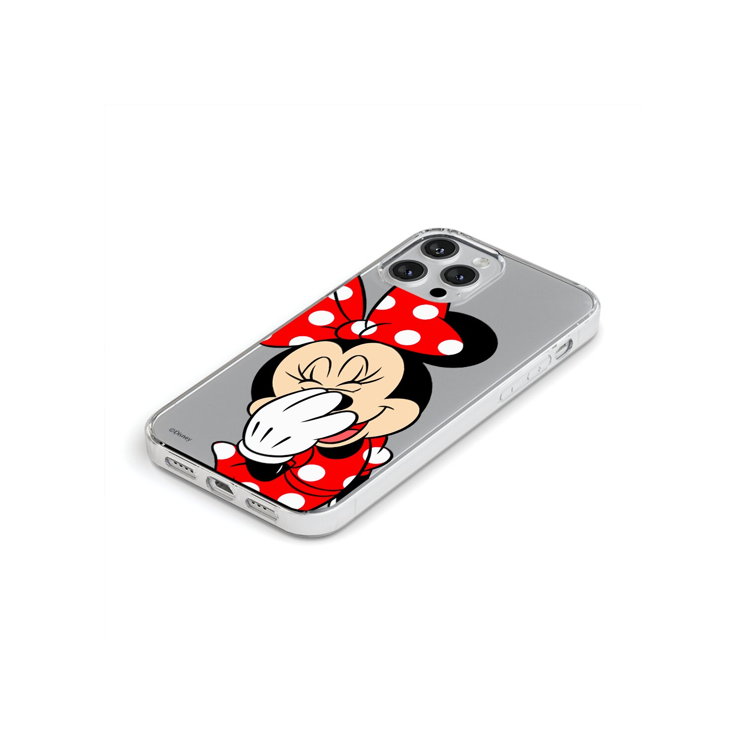 Eine Handyhülle mit Minnie Mouse, roter Polka-Dot-Schleife und einem lächelnden Gesicht. Klare Hülle mit weißem Hintergrund.