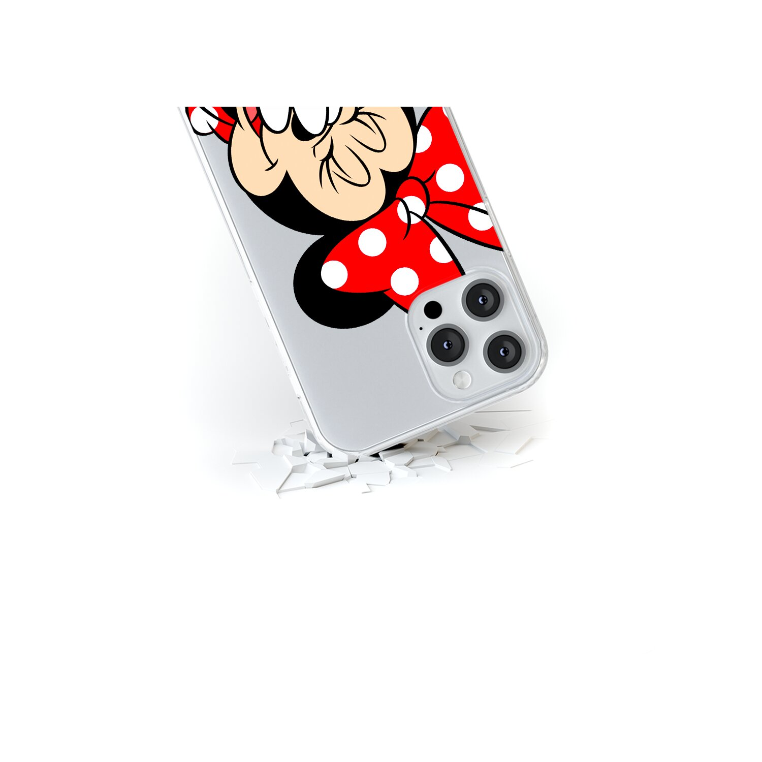 Transparente Handyhülle mit Minnie Mouse-Schleifendesign. Nahaufnahme. Weißer Hintergrund.