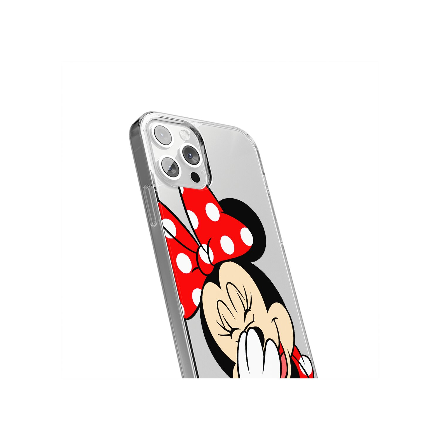 Eine Handyhülle mit Minnie-Mouse-Design. Die Hülle liegt auf einer weißen Oberfläche.
