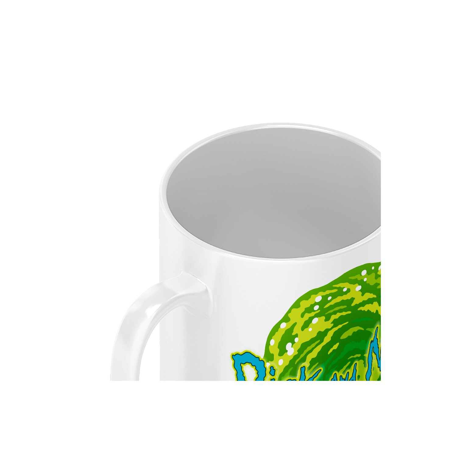 Weiße Tasse mit farbenfrohem Cartoon-Design an der Seite, Teil einer grünen Form.
