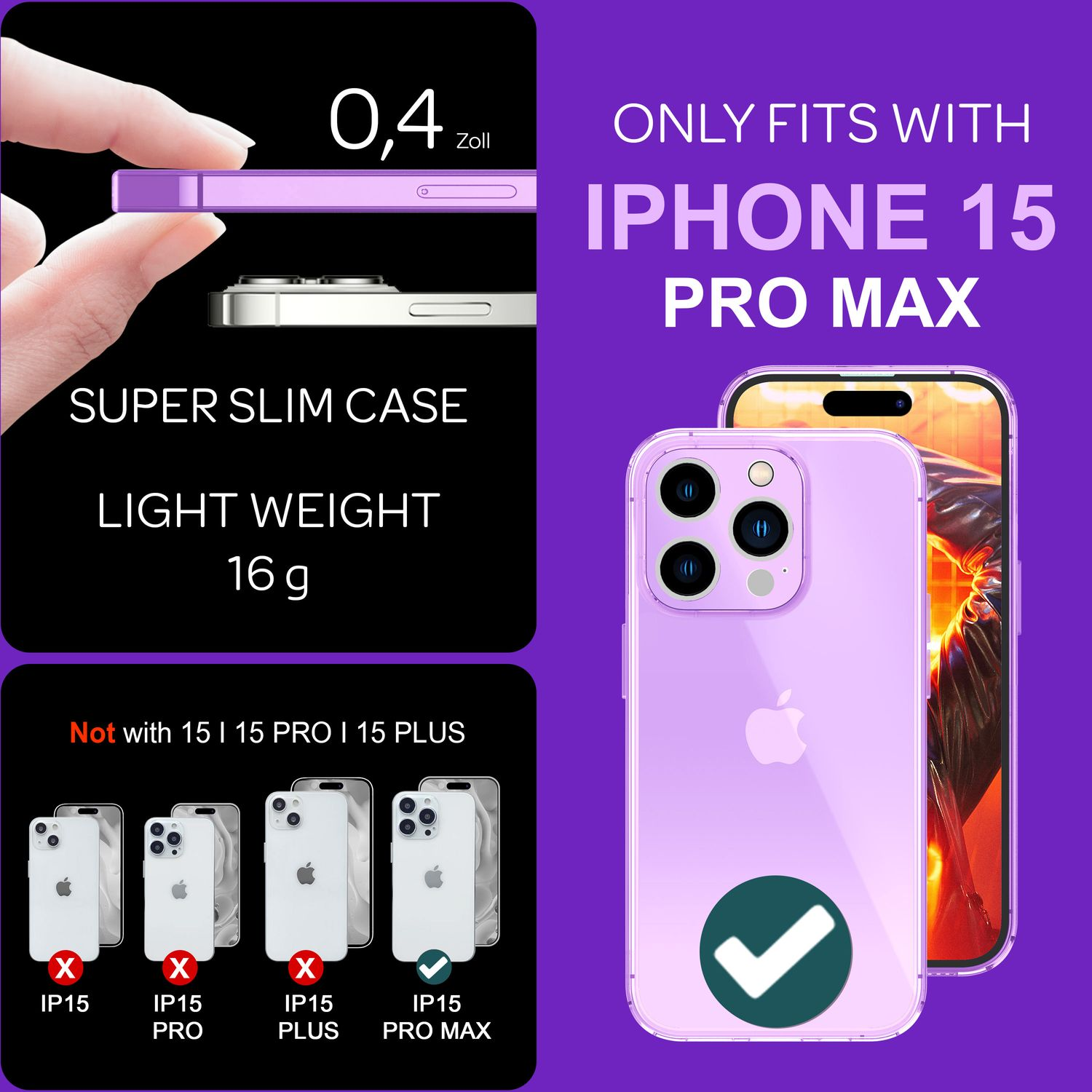 Una pubblicità che mostra una custodia per telefono viola e un iPhone 15 Pro Max.