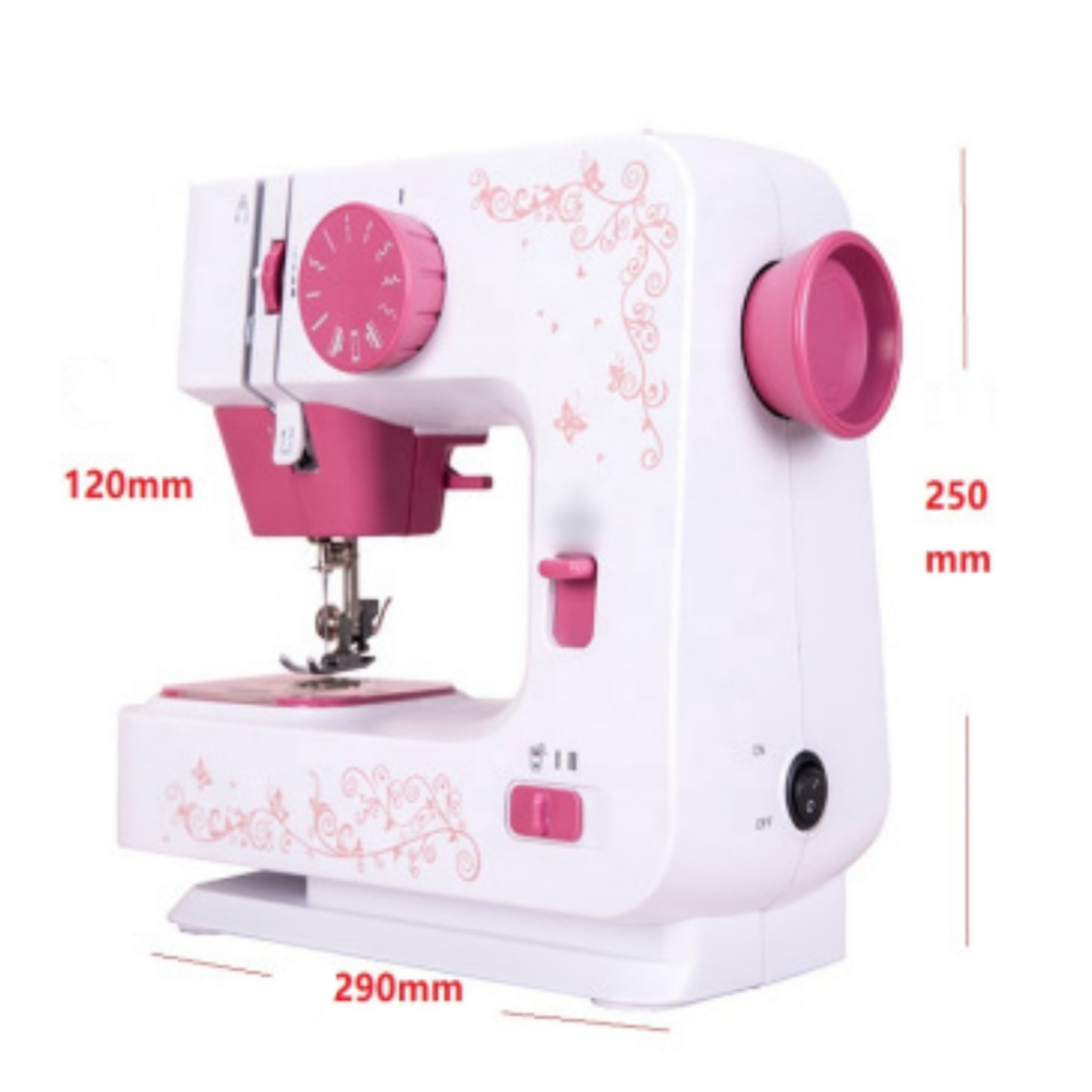 Rosa und weiße Nähmaschine mit Messmarkierungen. Abmessungen sind angegeben. Hintergrund ist weiß.