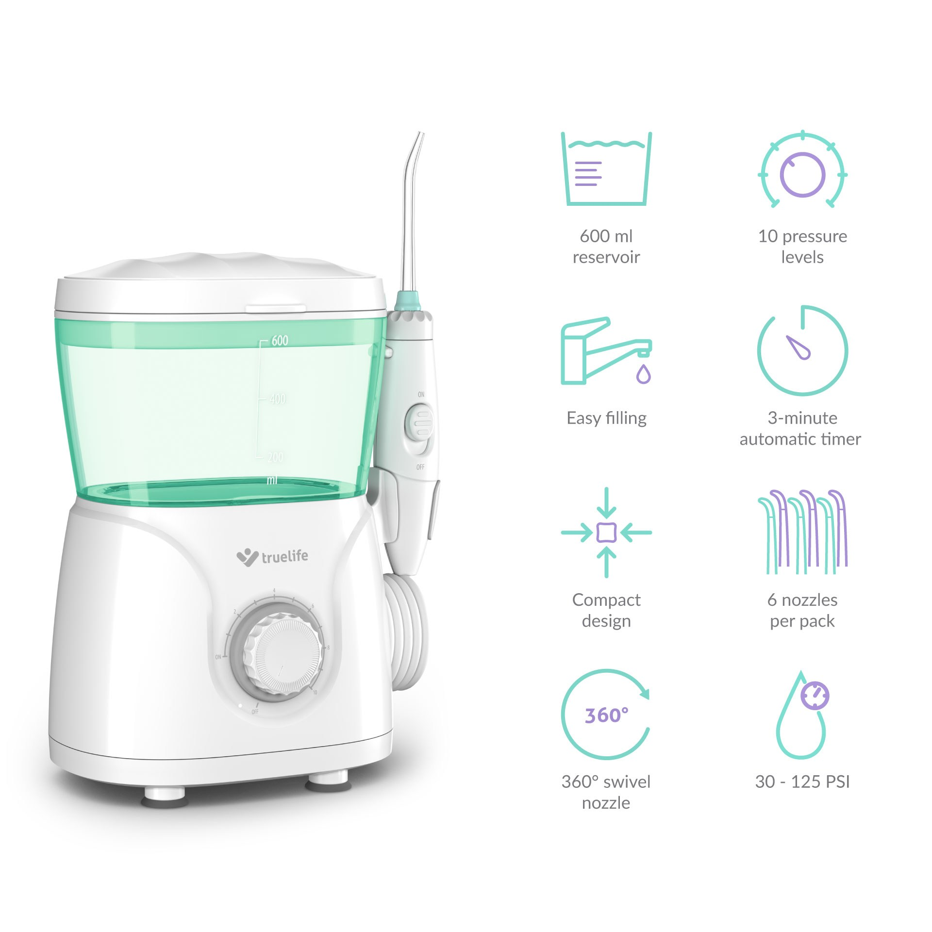 Biało-zielony irygator dentystyczny z różnymi funkcjami, zbiornikiem 600 ml i dyszą.