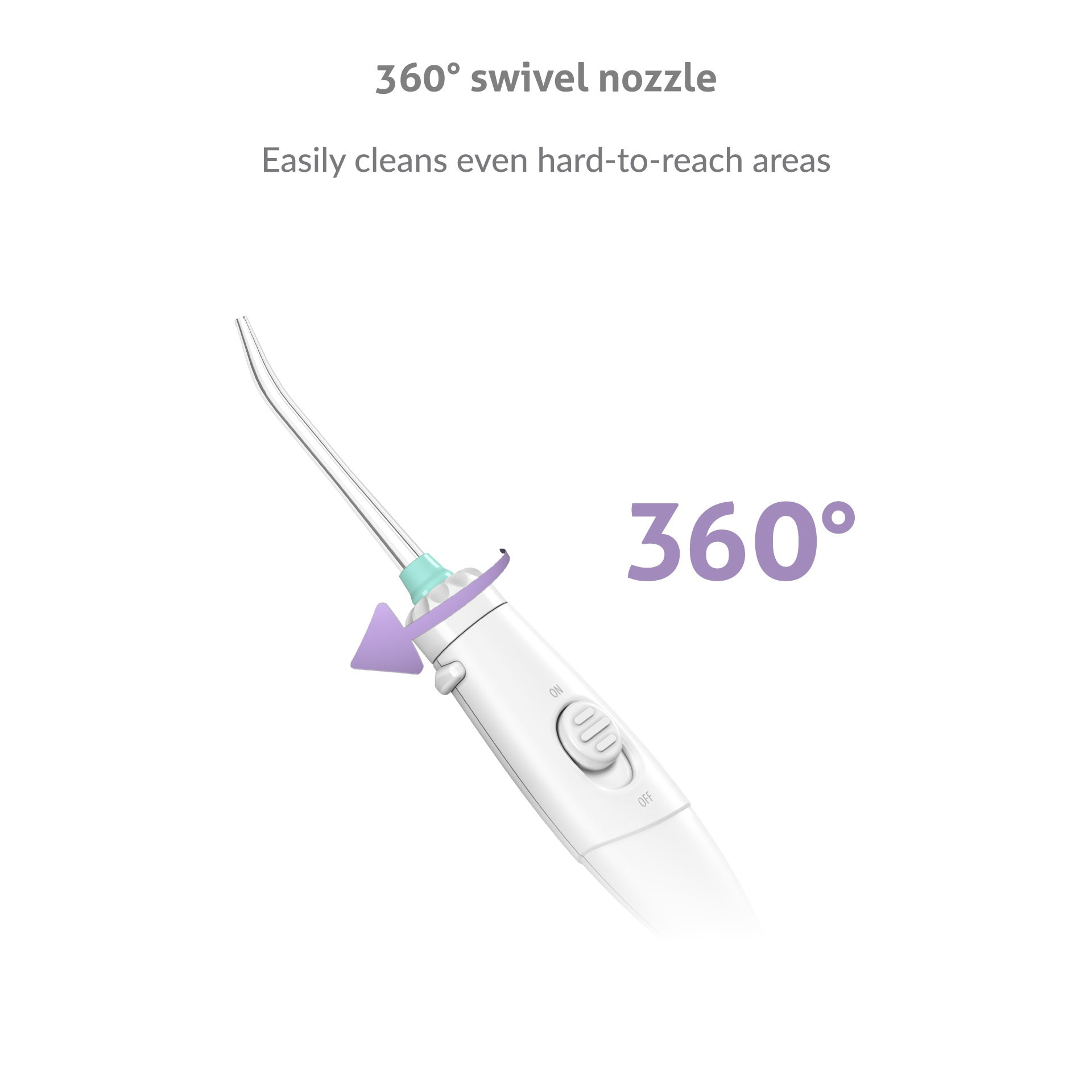Biały irygator jamy ustnej z obrotową dyszą 360° i fioletową strzałką.