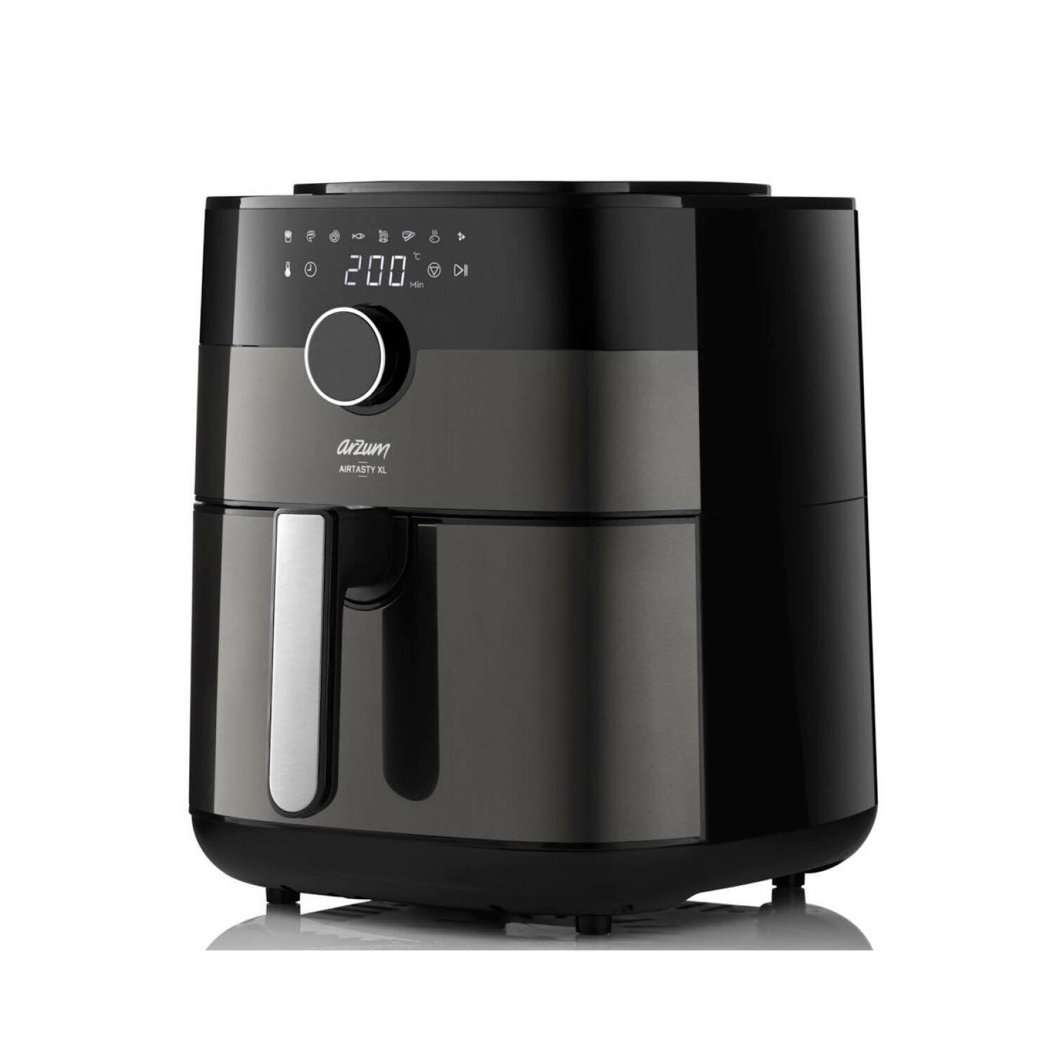 Czarna i szara frytkownica beztłuszczowa z wyświetlaczem cyfrowym, srebrnym uchwytem i marką Arzum.