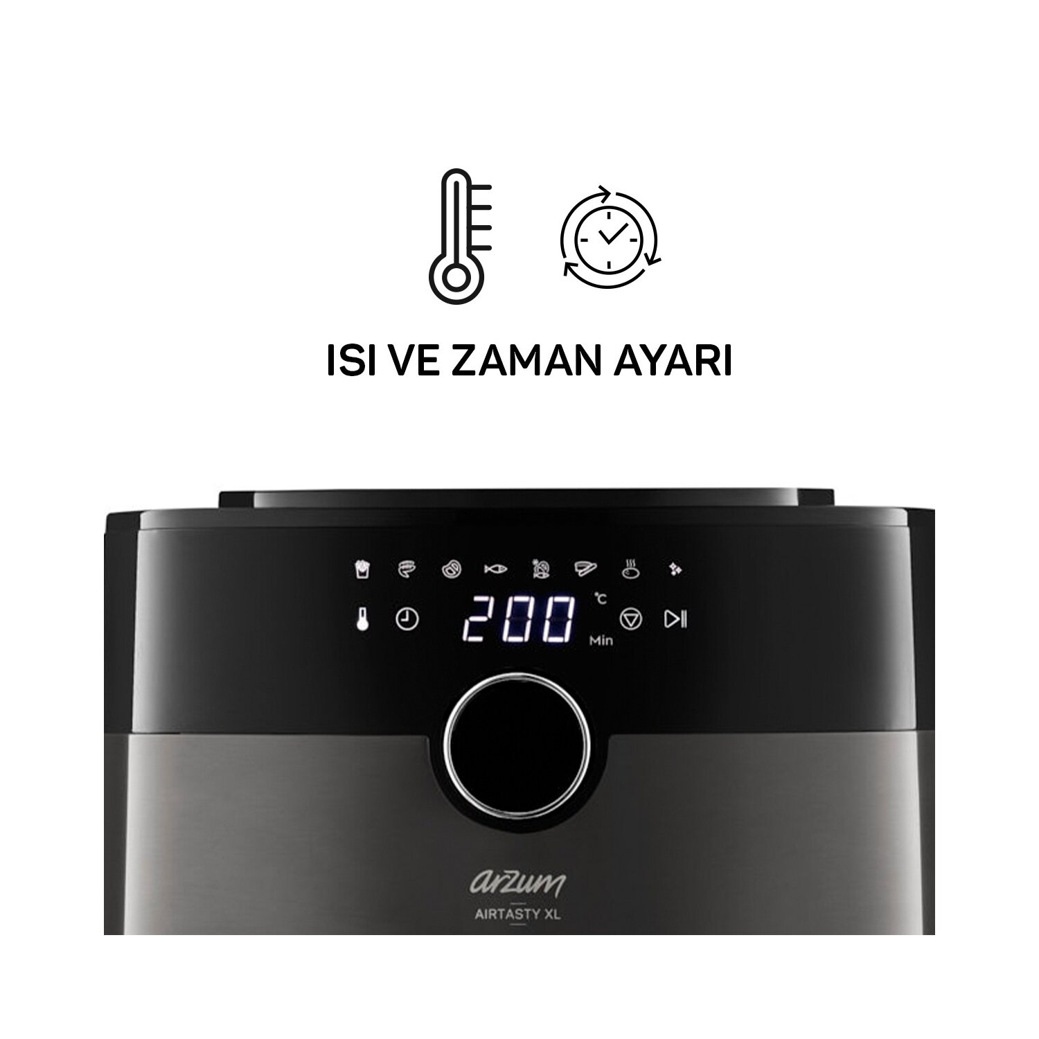 Wyświetlacz frytownicy powietrznej, pokazujący ustawienia temperatury i czasu. Czarne, metaliczne wykończenie.