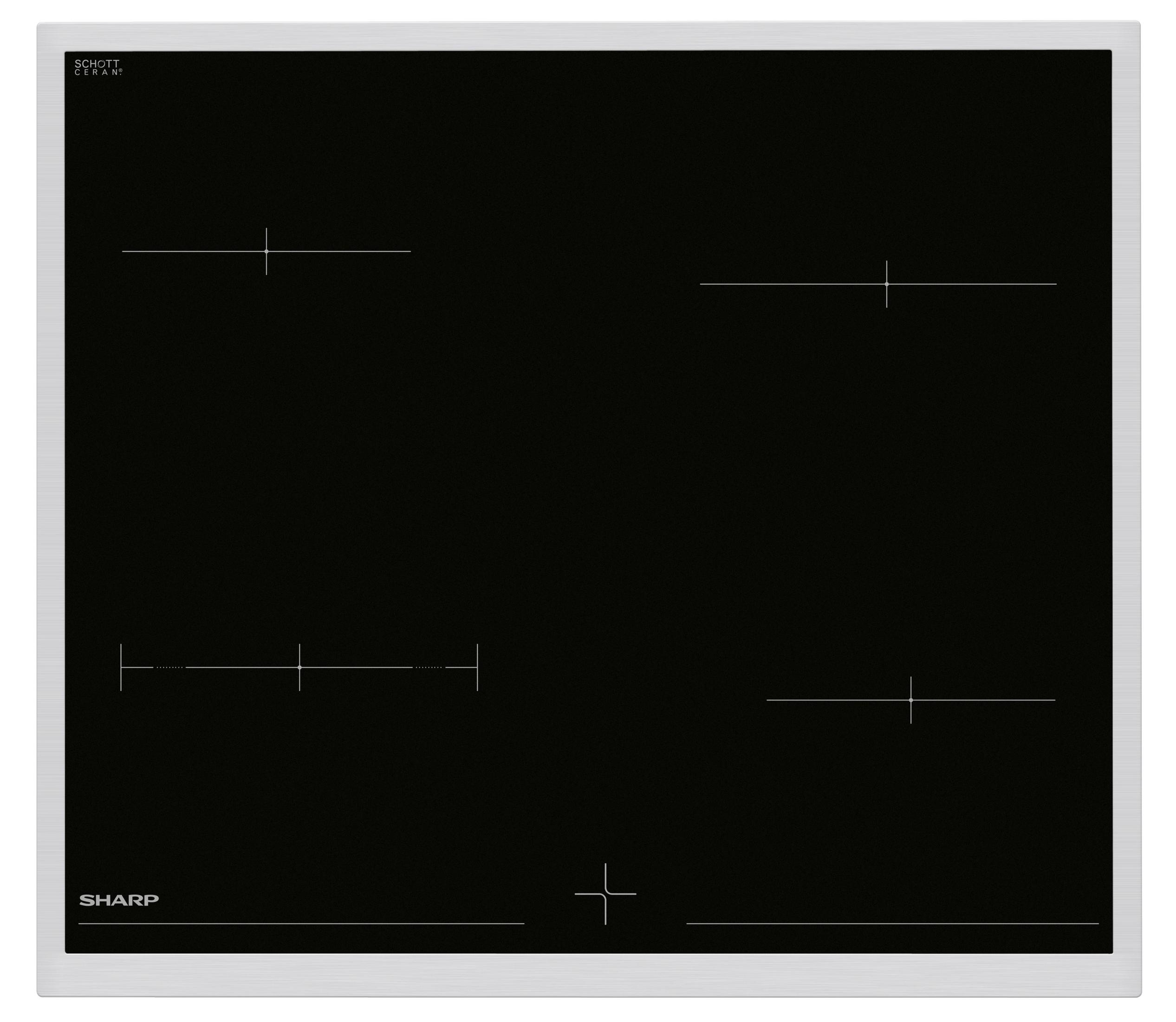 Table de cuisson en verre noir avec marquages blancs. Logo Sharp. Logo Schott Ceran.