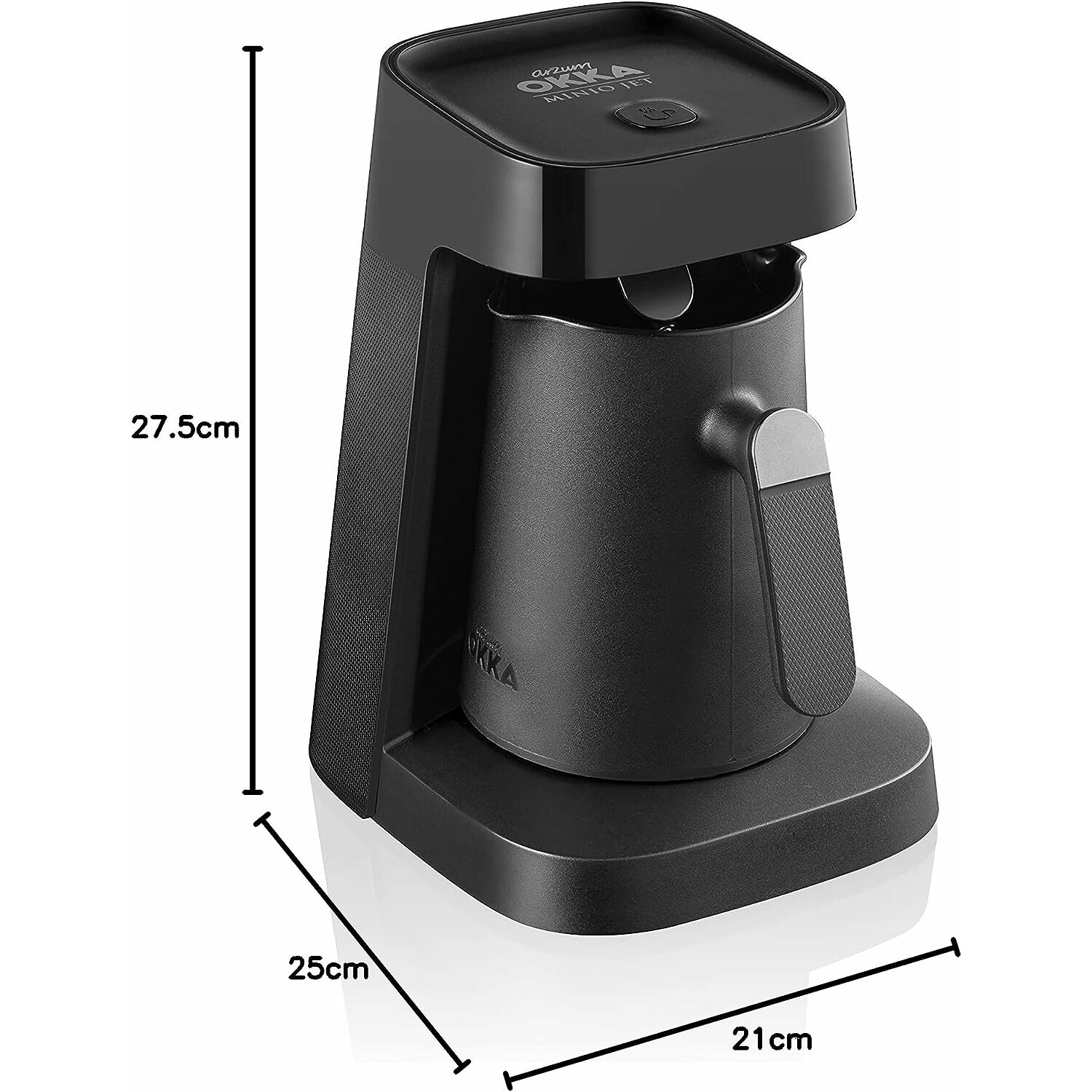Schwarzer Oka Mini Jet Kaffeemaschine. Es hat einen Griff und die Abmessungen sind auf der linken Seite angegeben.