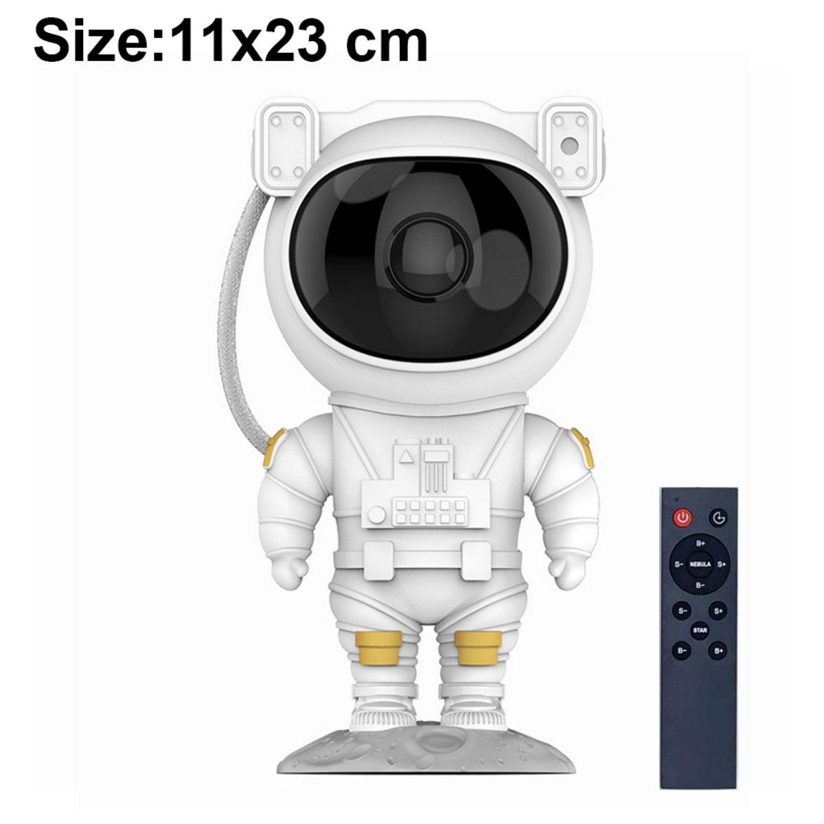 Ein weißer astronautenförmiger Projektor mit Fernbedienung auf weißem Grund.