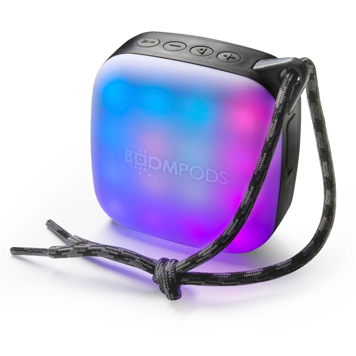 Kwadratowy głośnik z zmieniającymi kolor światłami i paskiem. Marka jest widoczna.