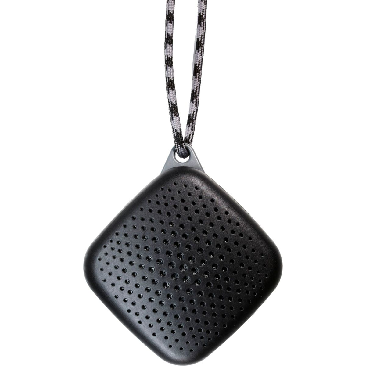 Czarny głośnik w kształcie rombu z materiałowym przewodem. Ma wiele małych otworów i gładkie wykończenie.