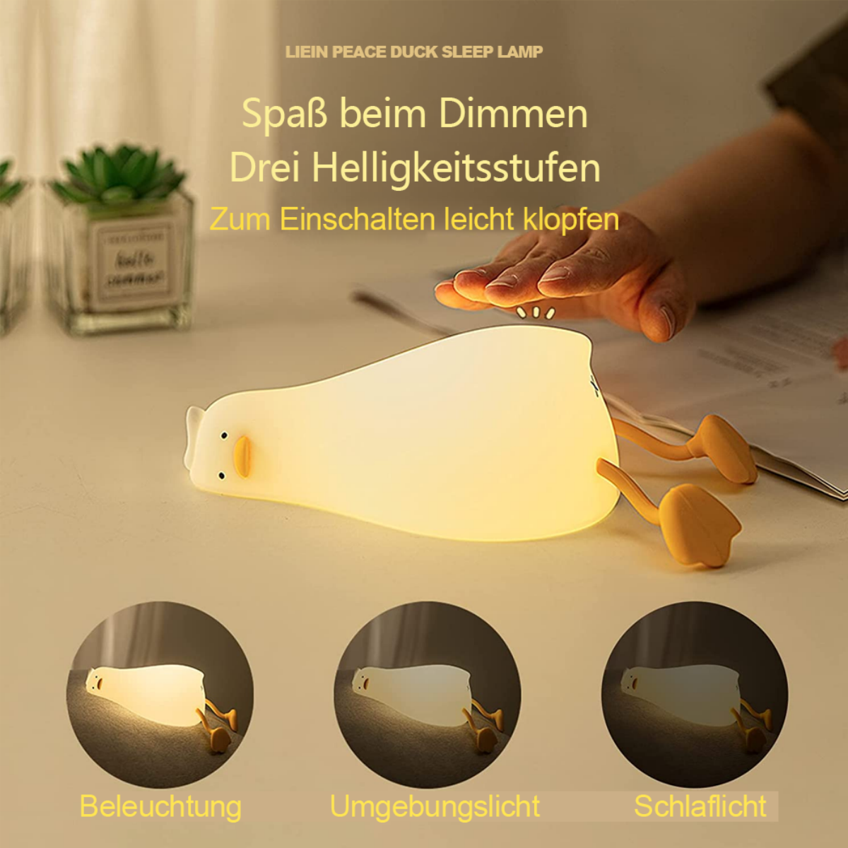 Eine ente-förmige Nachtlampe leuchtet, mit drei Helligkeitsstufen darunter. Text auf Deutsch.