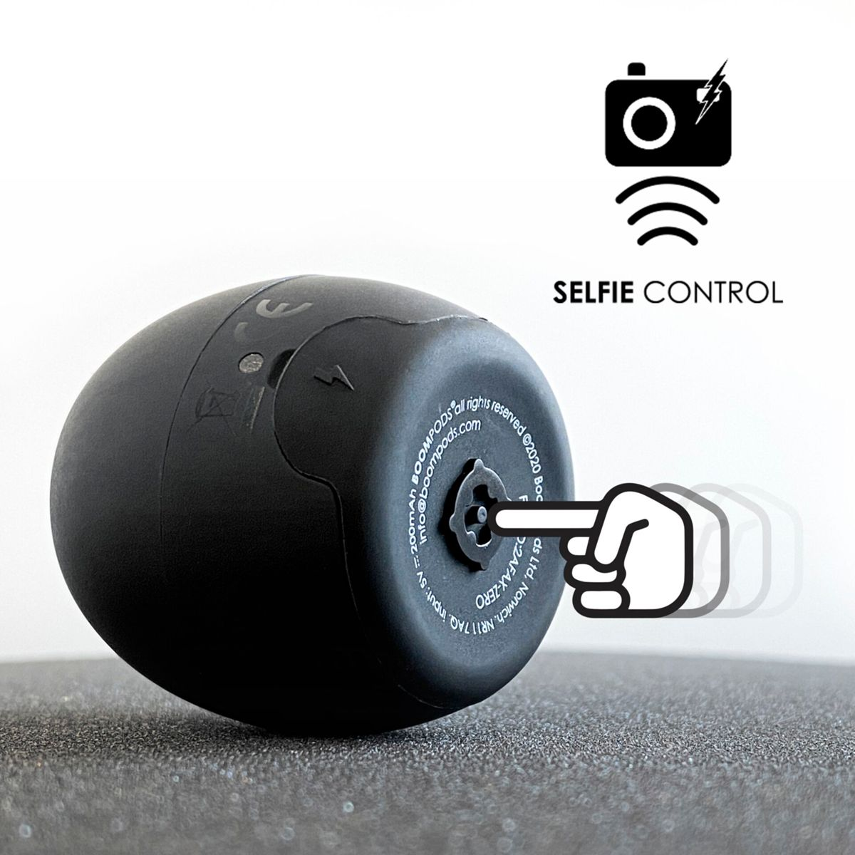 Czarny, jajowaty pilot do aparatu z białą dłonią wskazującą przycisk. Białe tło.