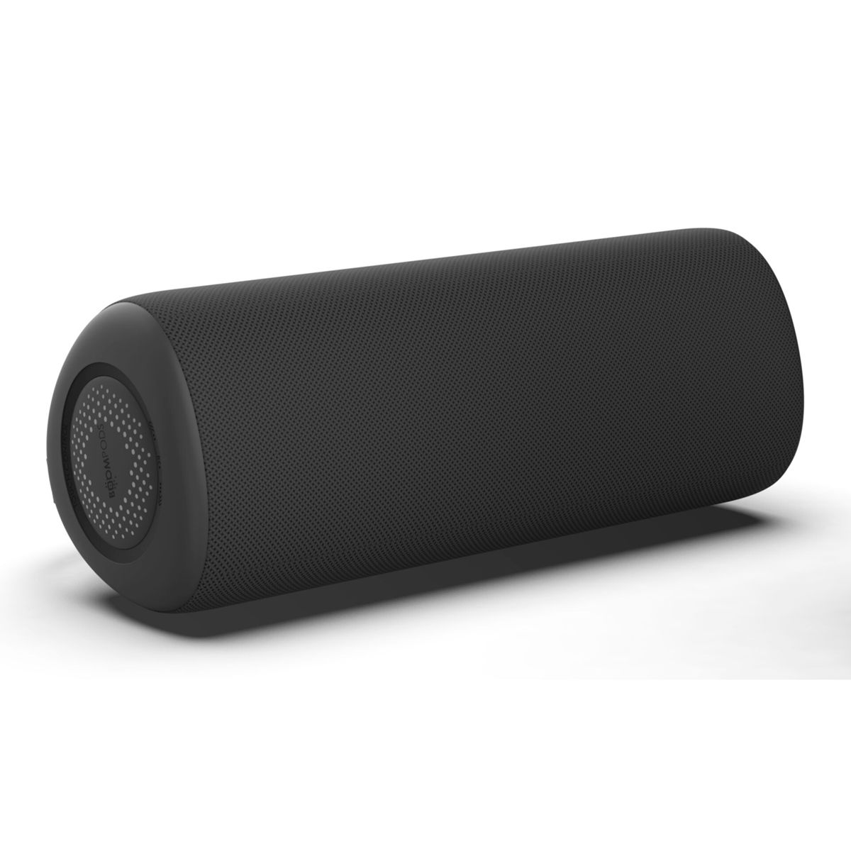 Czarny głośnik cylindryczny z siatkową kratką na jednym końcu. Białe tło, profil boczny.