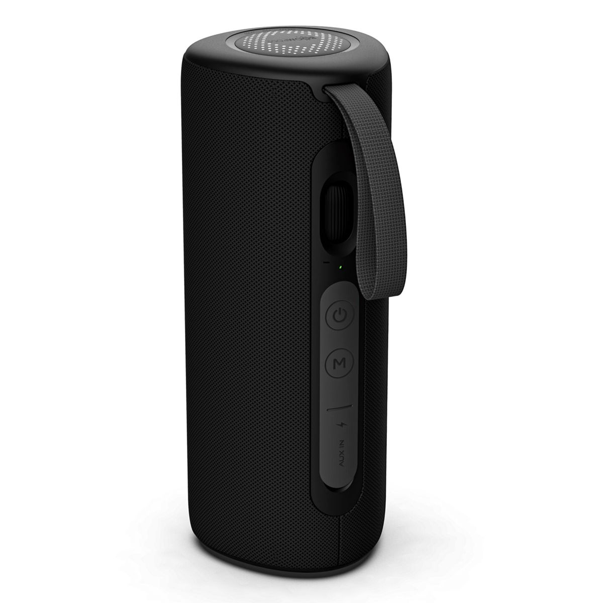 Czarny, cylindryczny głośnik przenośny z uchwytem i przyciskami sterowania.