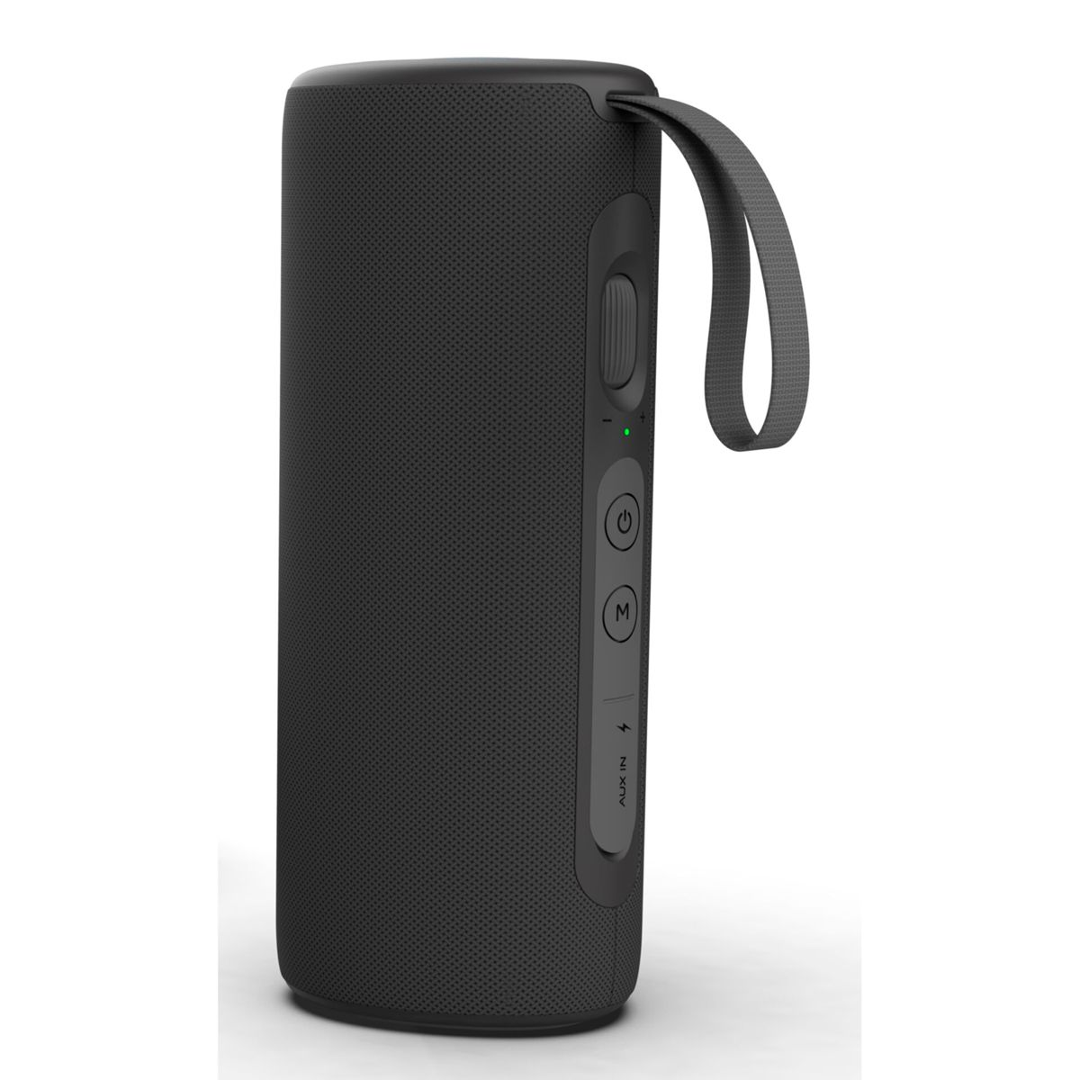 Czarny głośnik cylindryczny z przyciskami i paskiem na rękę z boku.
