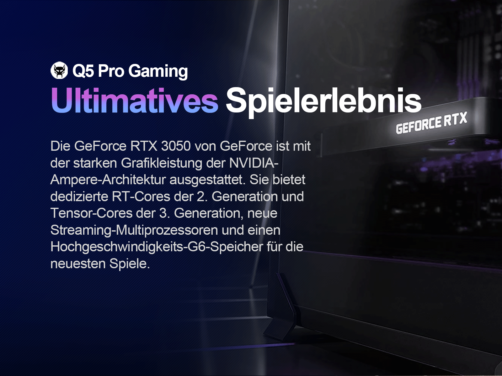 Obraz promocyjny karty graficznej GeForce RTX 3050, z tekstem w języku niemieckim.