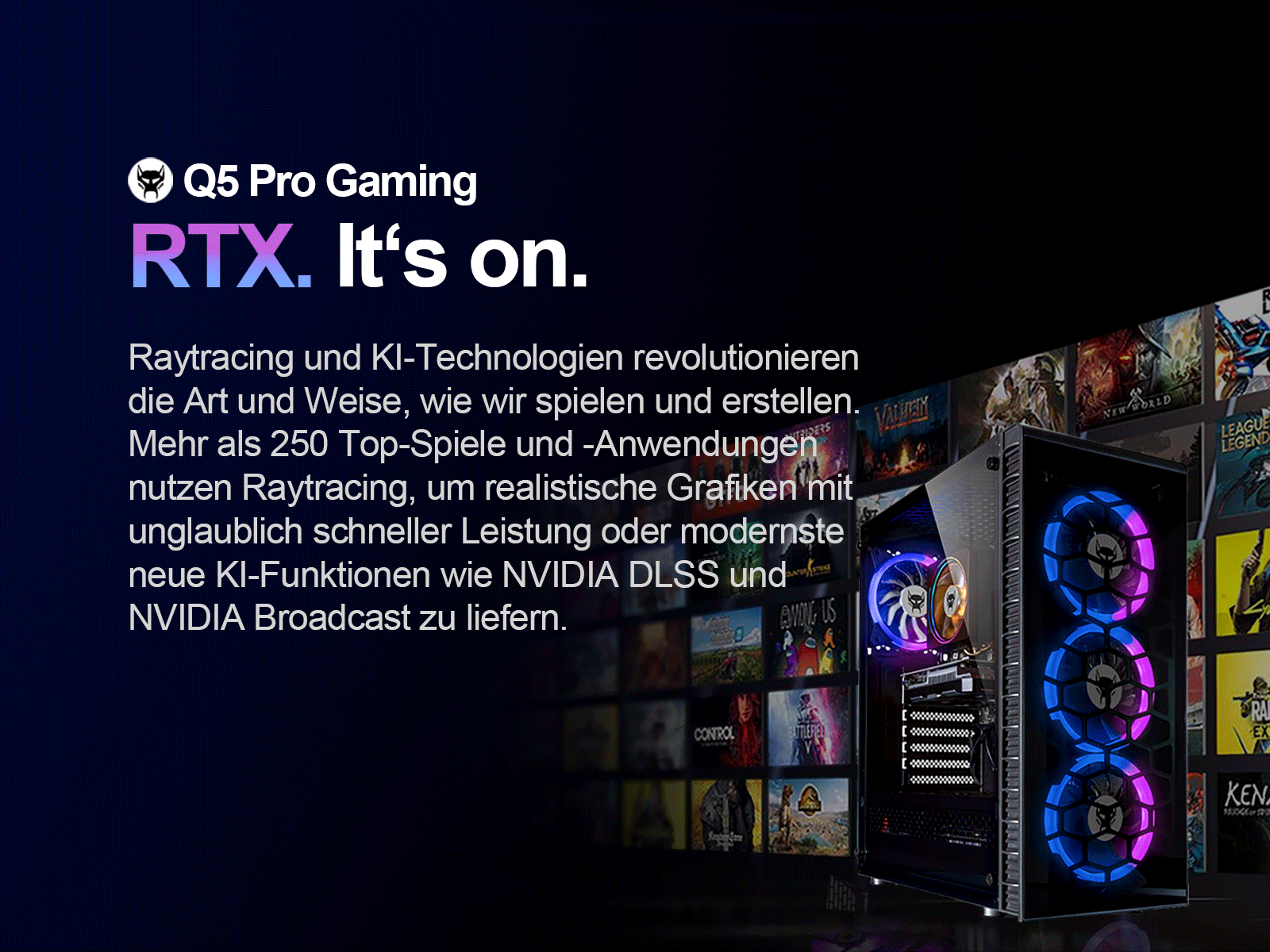 Gaming-PC mit RTX-Grafikkarte, zeigt Spielbilder auf dem Bildschirm.