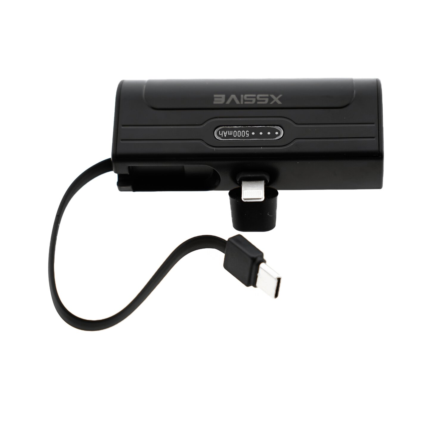 Schwarze Powerbank mit USB-C-Kabel. Die Marke BAISXX ist sichtbar.