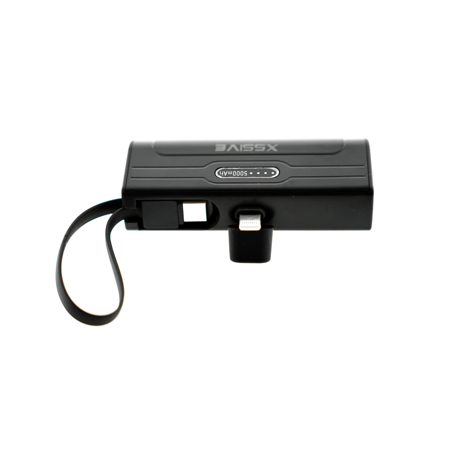 Schwarze XSIVE Powerbank mit Ladeanschluss und Schlaufe.