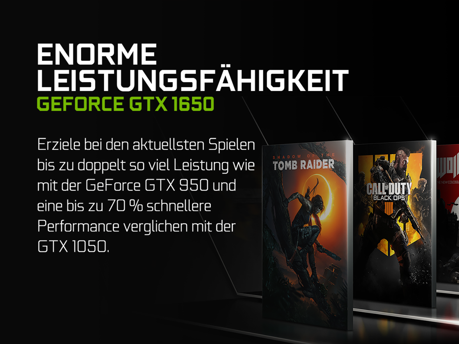 Schwarzer Hintergrund mit GeForce GTX 1650 Text und Spiel-Covern. Text über Leistung.