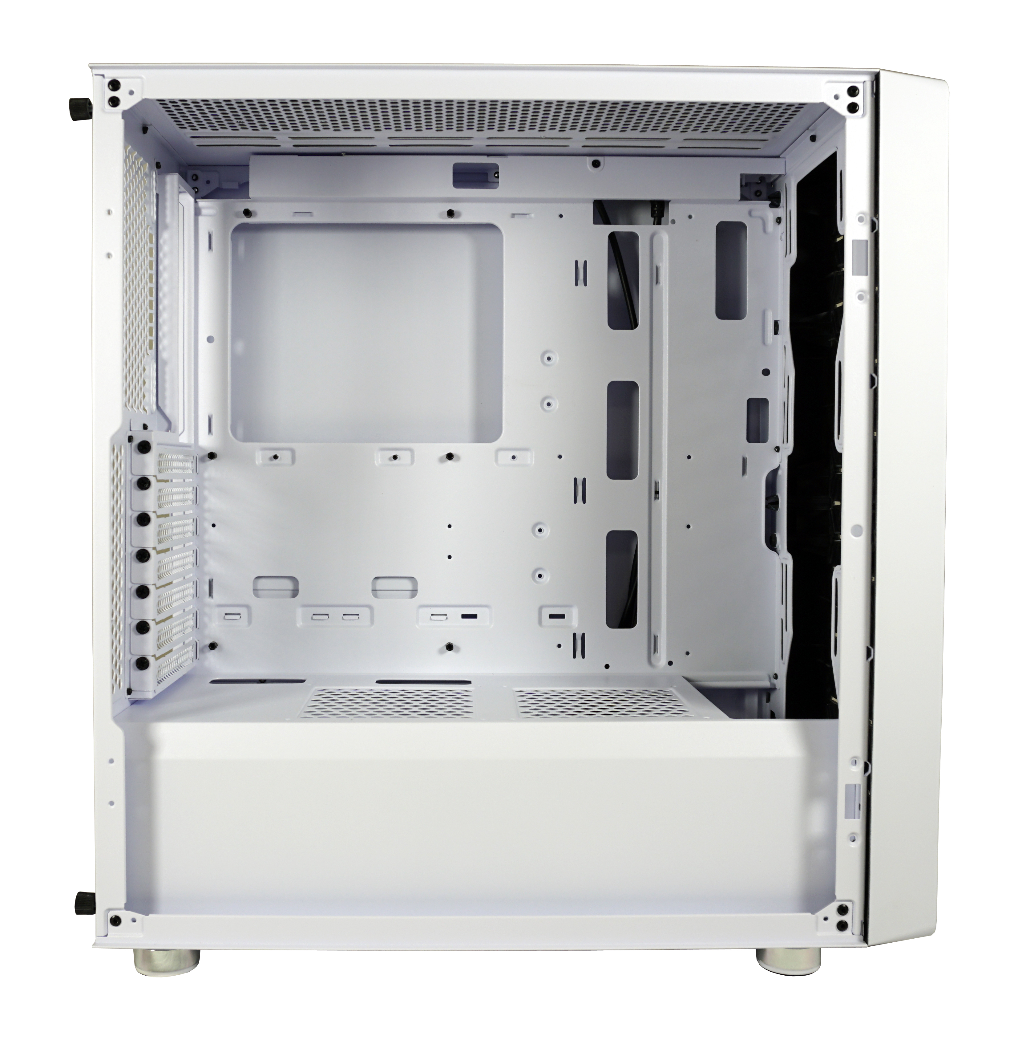 Un case per computer bianco vuoto, che mostra la struttura interna con punti di montaggio e fori di ventilazione.