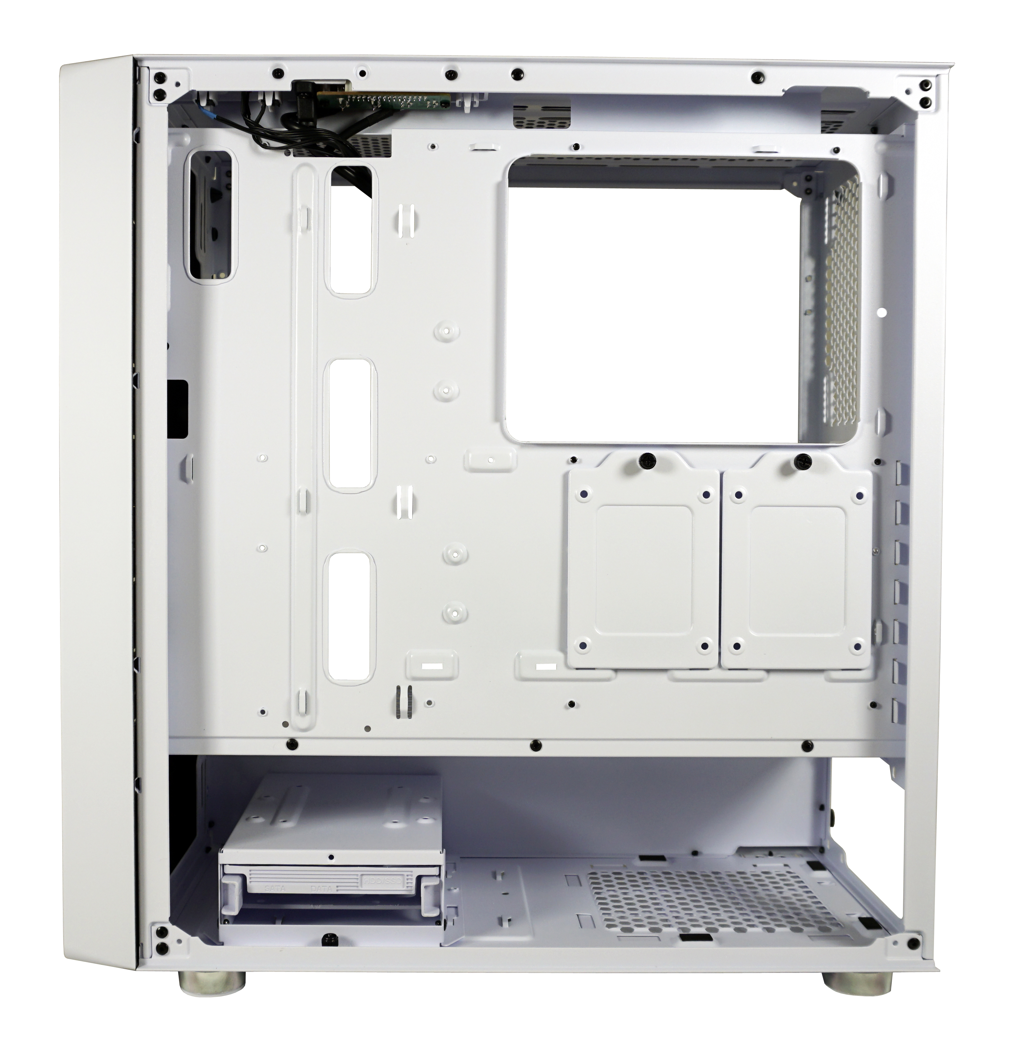 Interno del case del computer bianco. Mostra componenti interni e struttura.
